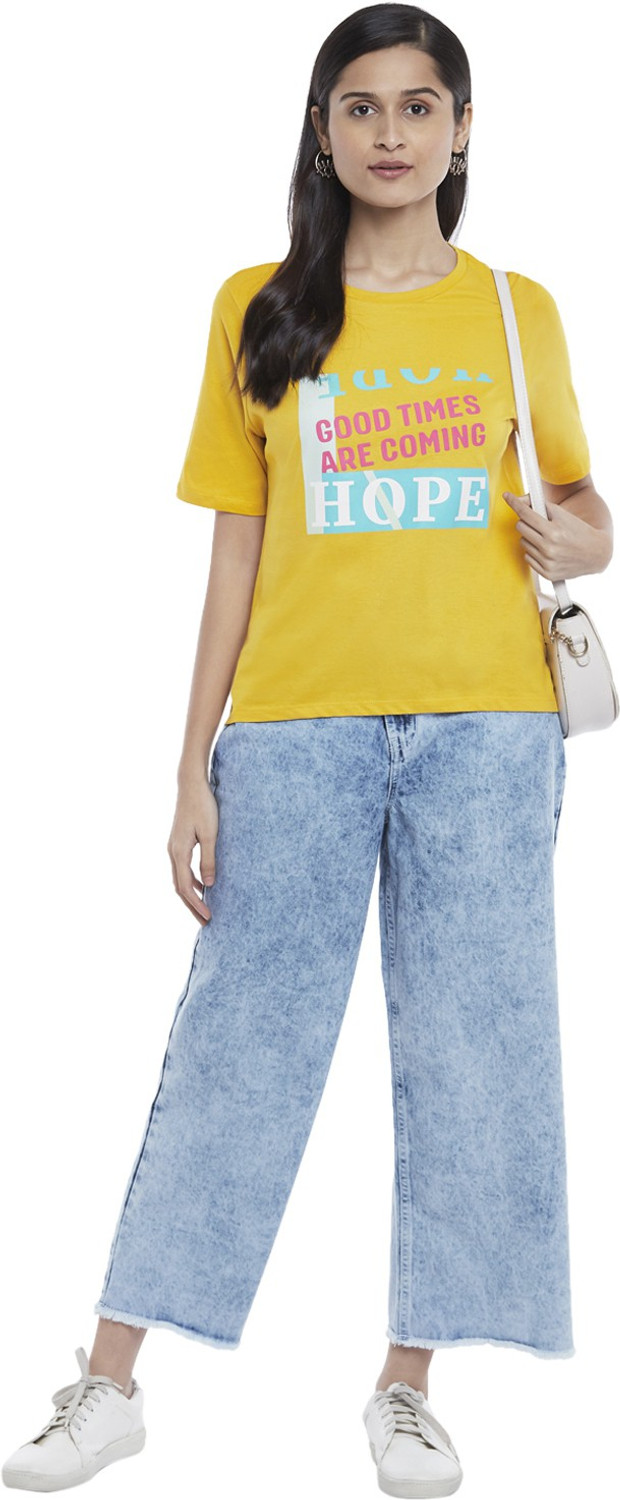 Image of PEOPLE Printed Women Round Neck Yellow T-Shirt