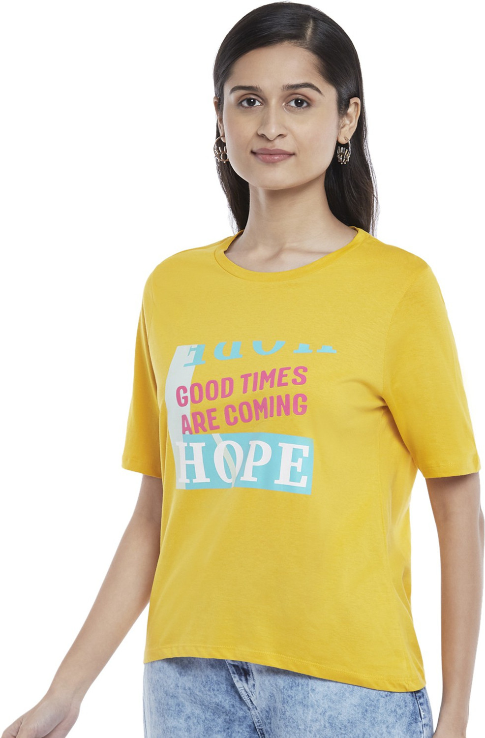Image of PEOPLE Printed Women Round Neck Yellow T-Shirt