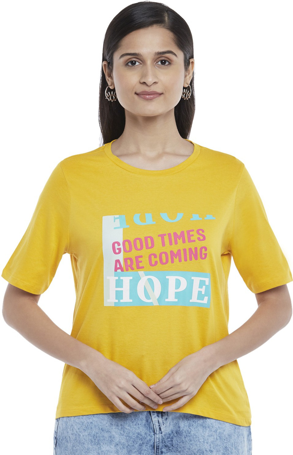 Image of PEOPLE Printed Women Round Neck Yellow T-Shirt