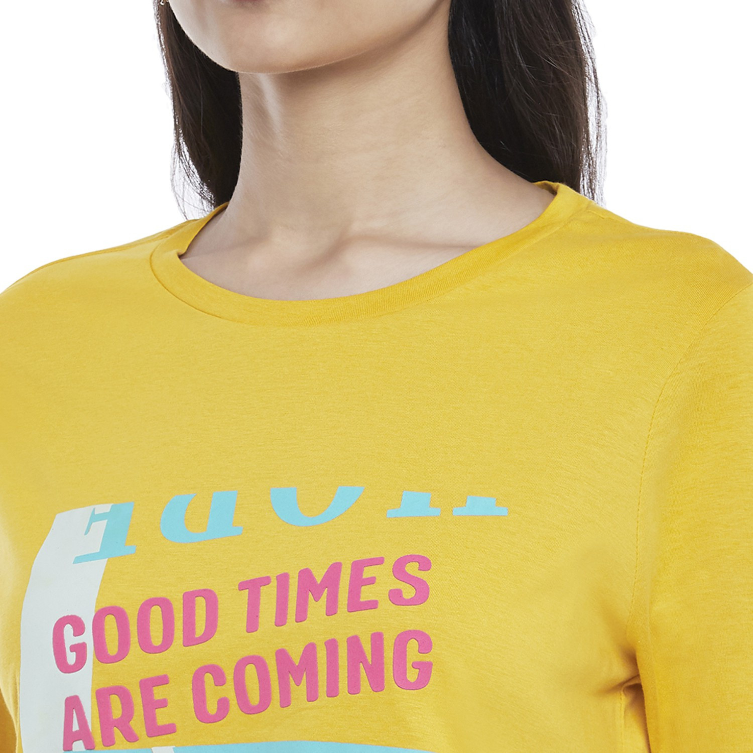 Image of PEOPLE Printed Women Round Neck Yellow T-Shirt