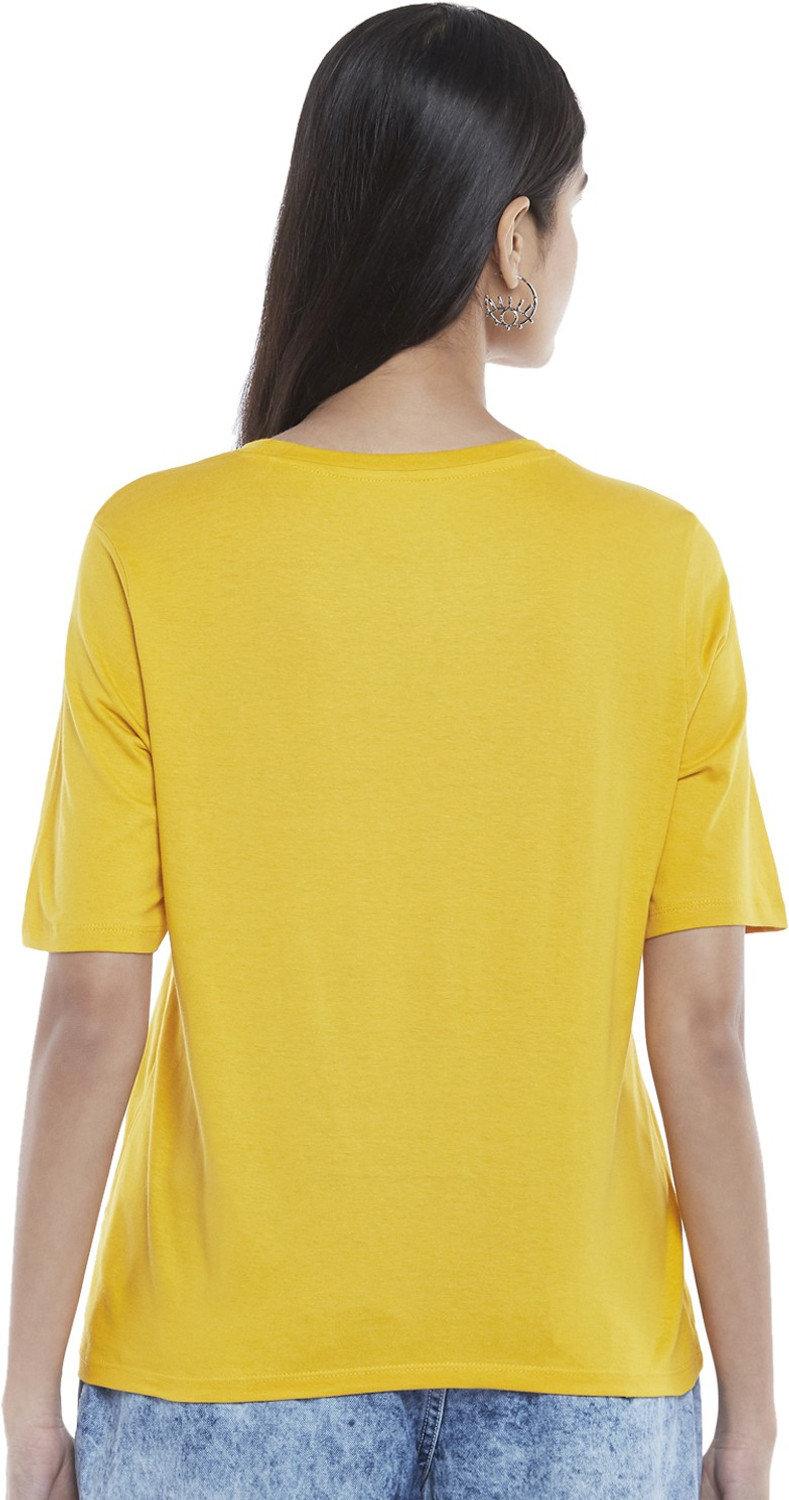 Image of PEOPLE Printed Women Round Neck Yellow T-Shirt