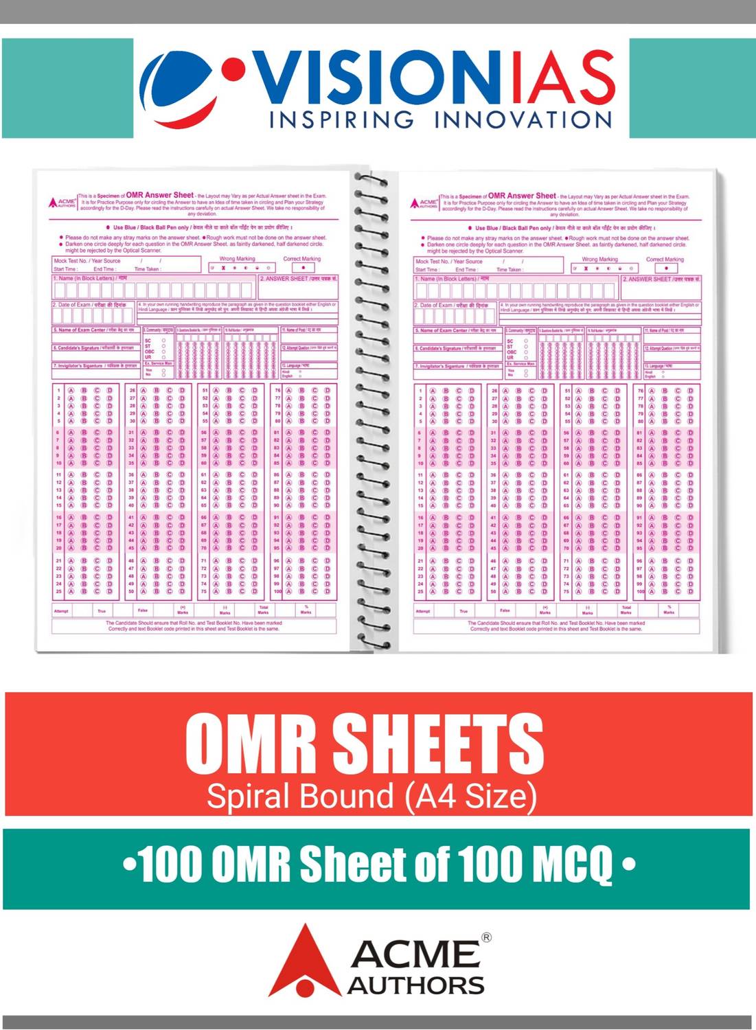 100 OMR Sheets Spiral (A4 Notebook For 100 MCQs ) By ACME AUTHORS