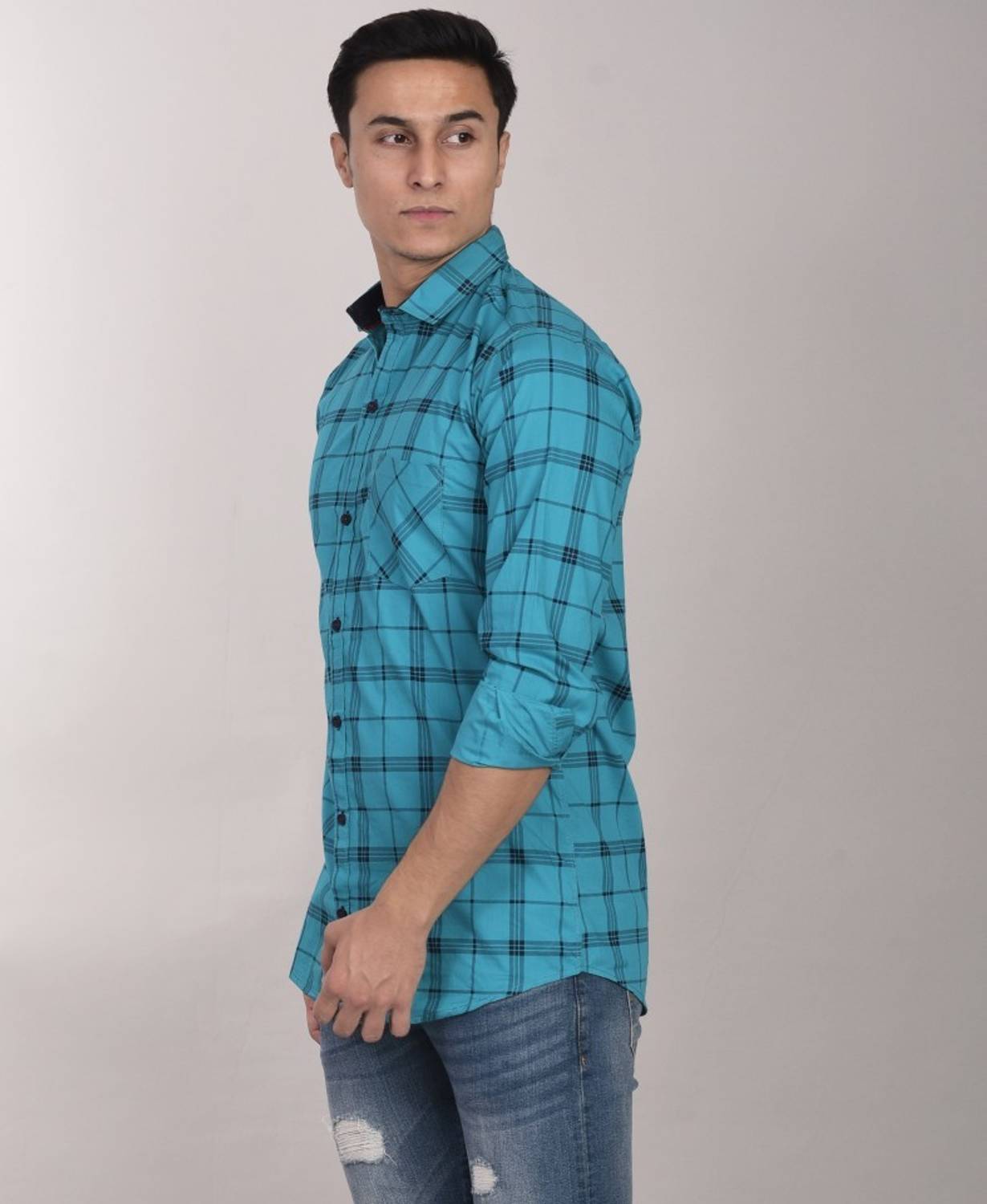 Silver Buck Men Checkered Formal Light Blue Shirt