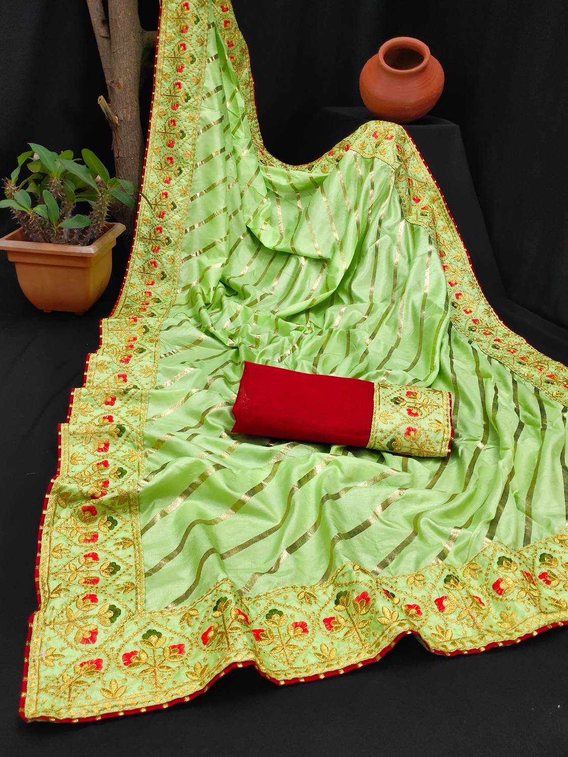 SHIPLA FASHION Embroidered Bollywood Silk Blend Saree (Light Gree