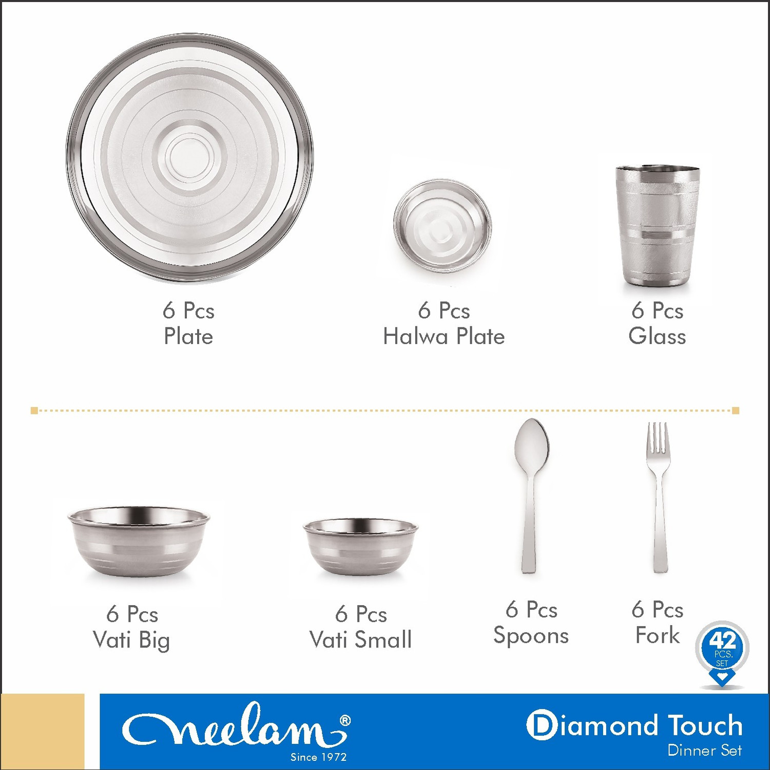 Image of NEELAM Pack of 42 Stainless Steel Diamond Touch Dinner Set of Set 24 Gauge Dinner Set