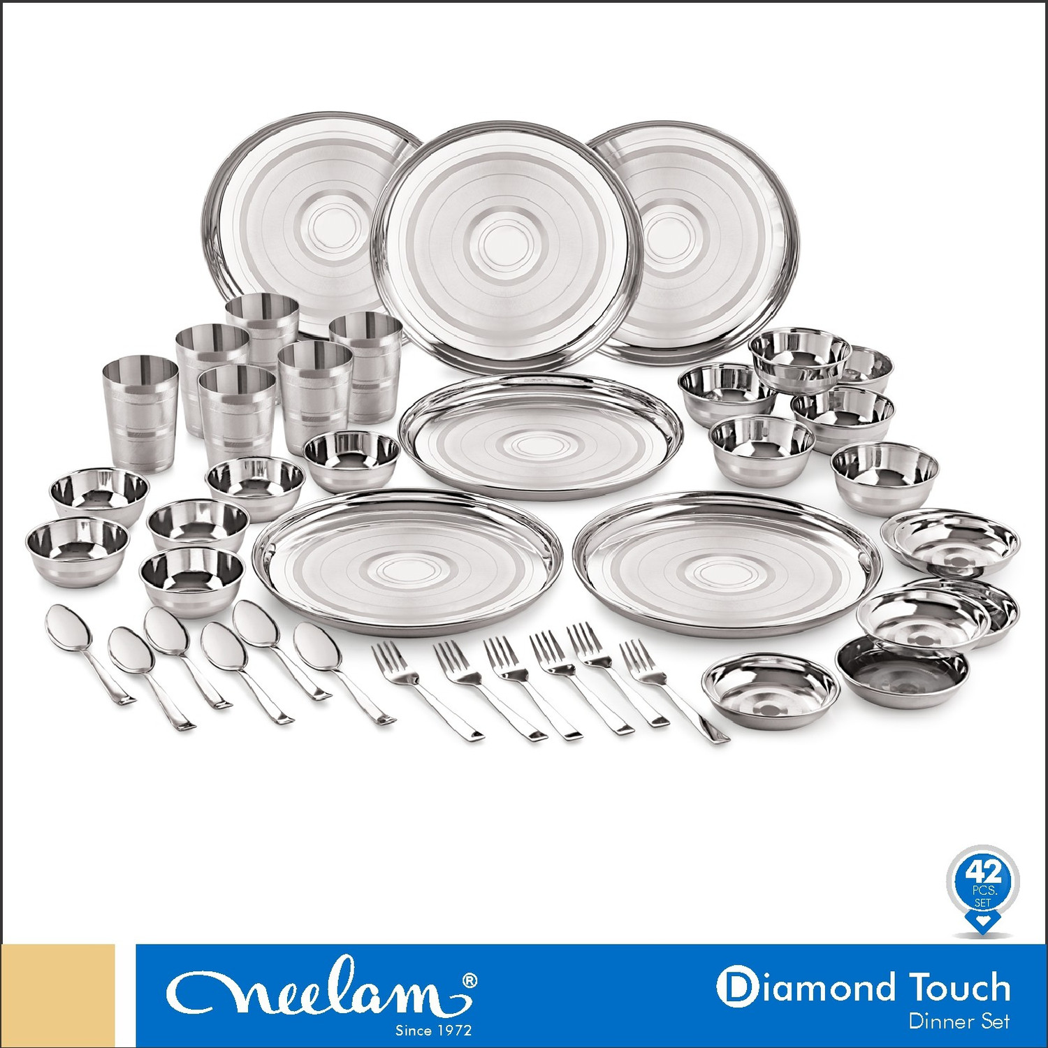 Image of NEELAM Pack of 42 Stainless Steel Diamond Touch Dinner Set of Set 24 Gauge Dinner Set