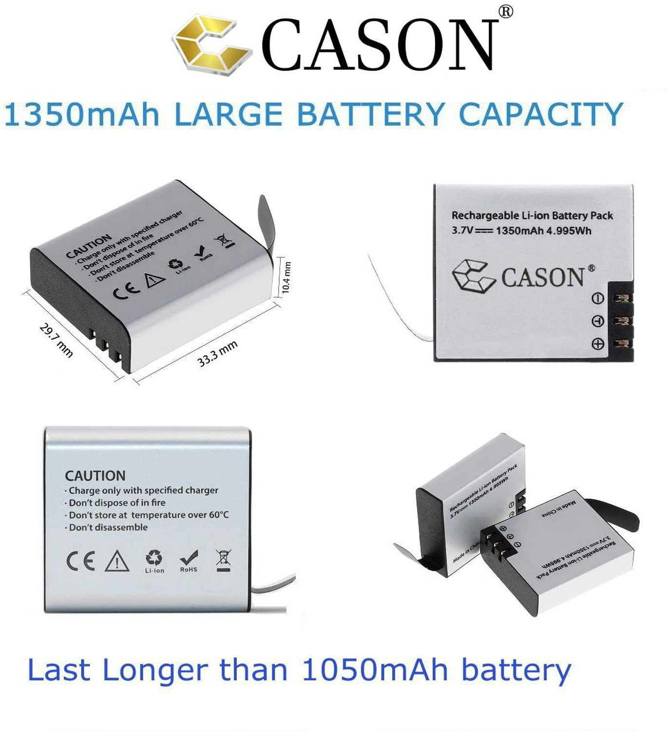 Image of CASON 1350mAh Rechargeable Batteries for Action Camera CN10,CS6,SJCAM,SJ4000,Campark Battery