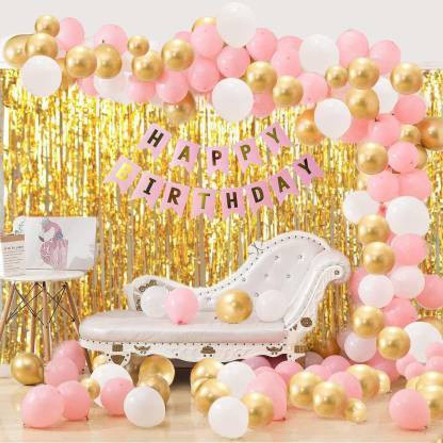 ADORNIO Solid HAPPY BIRTHDAY SET PINK BANNER 1 pc+ curtain 2 pcs+ 30 pcs Metallic balloons Balloon