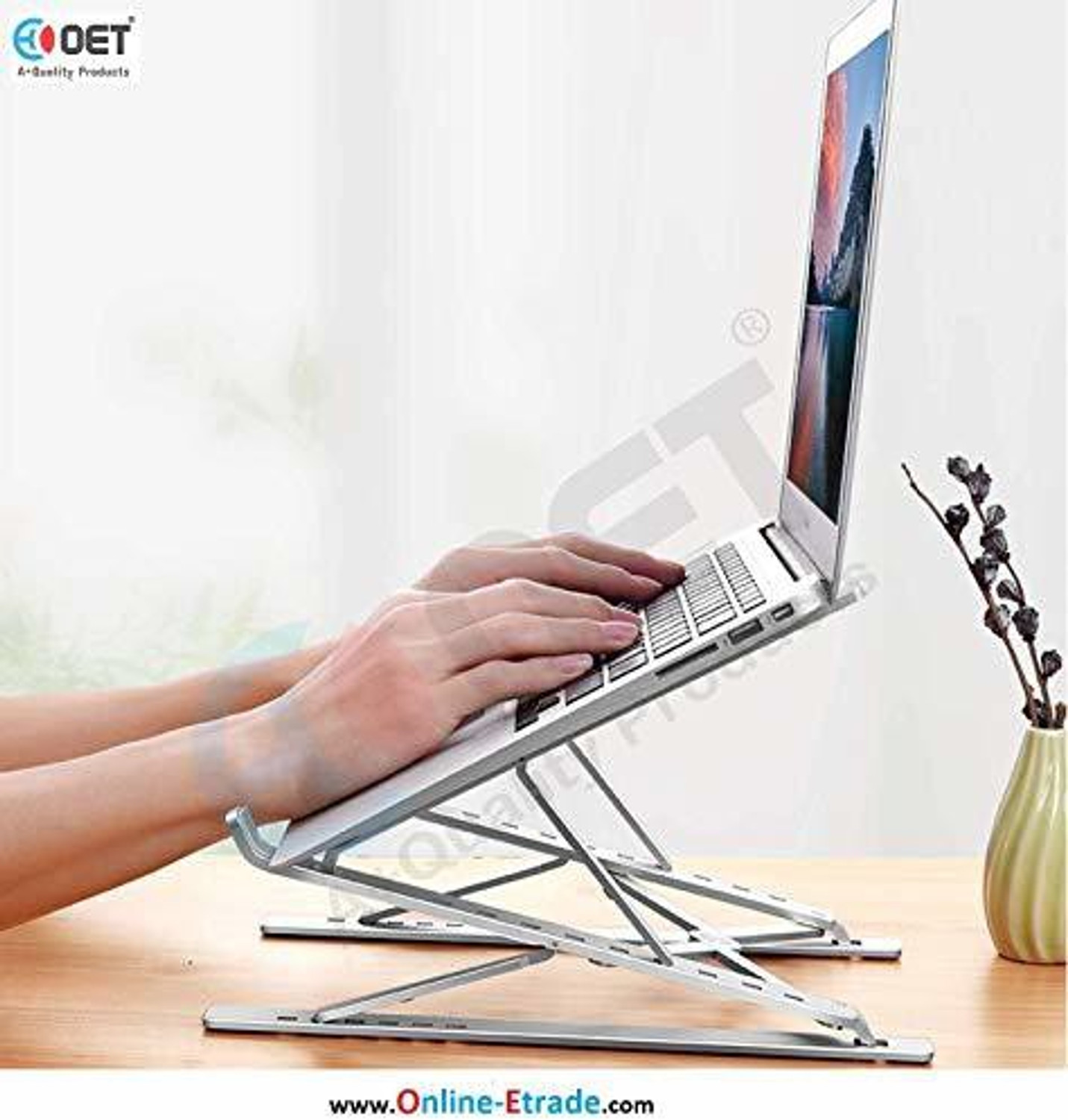 Image of OET European Standard Foldable Aluminium Adjustable Laptop Stand LSTD 06 Aluminium Desk Stand Laptop Stand with Adjustable Height Compatible with Universal Laptops