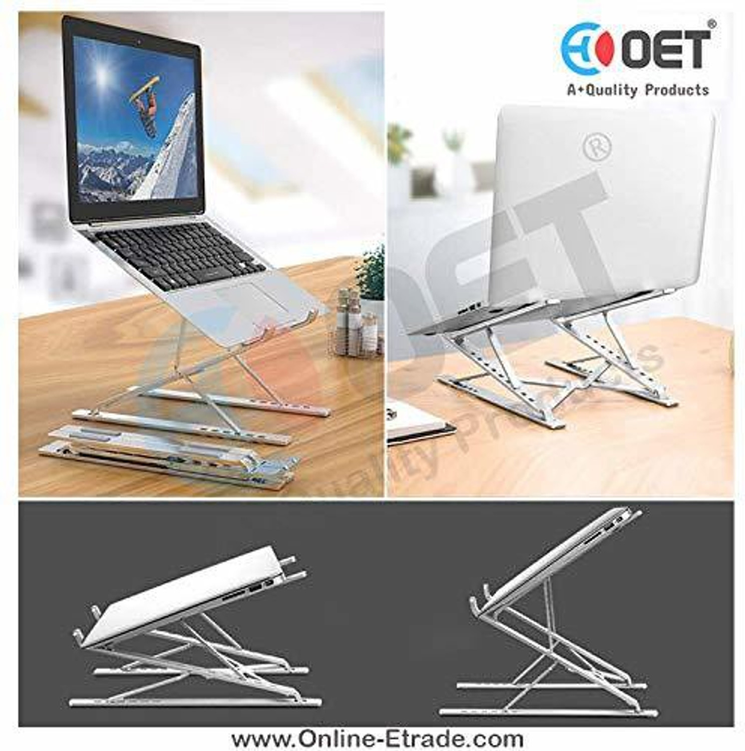 Image of OET European Standard Foldable Aluminium Adjustable Laptop Stand LSTD 06 Aluminium Desk Stand Laptop Stand with Adjustable Height Compatible with Universal Laptops