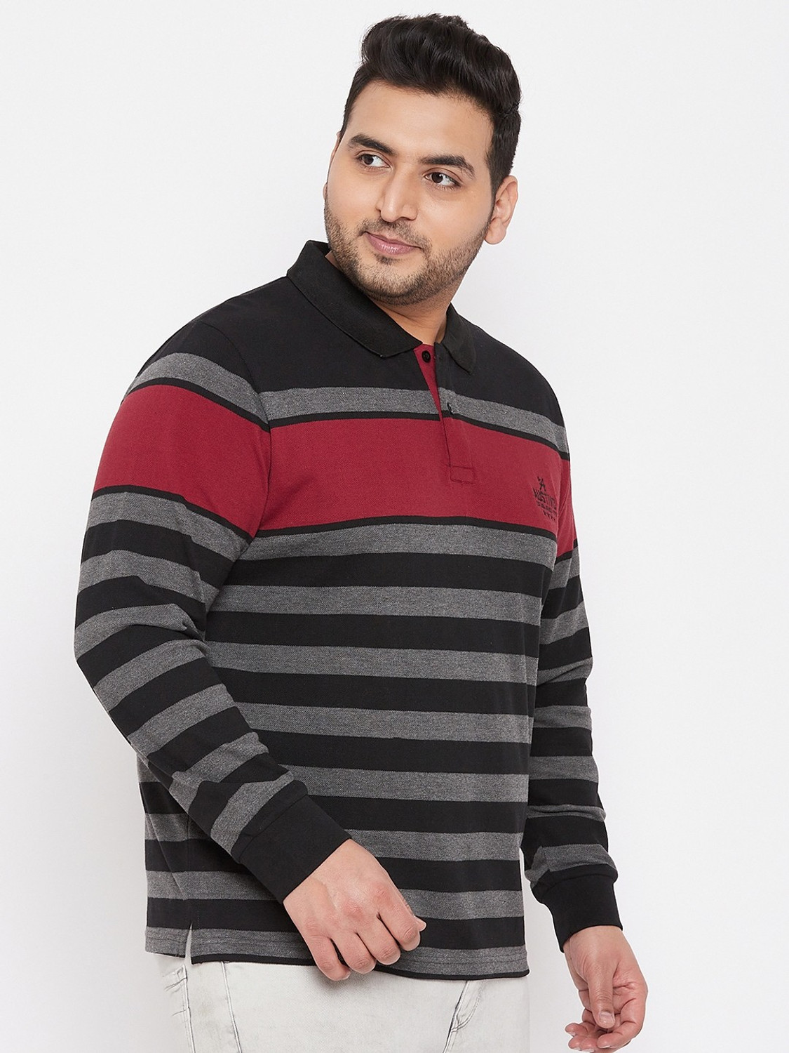 Image of Austivo Striped Men Polo Neck Black T-Shirt
