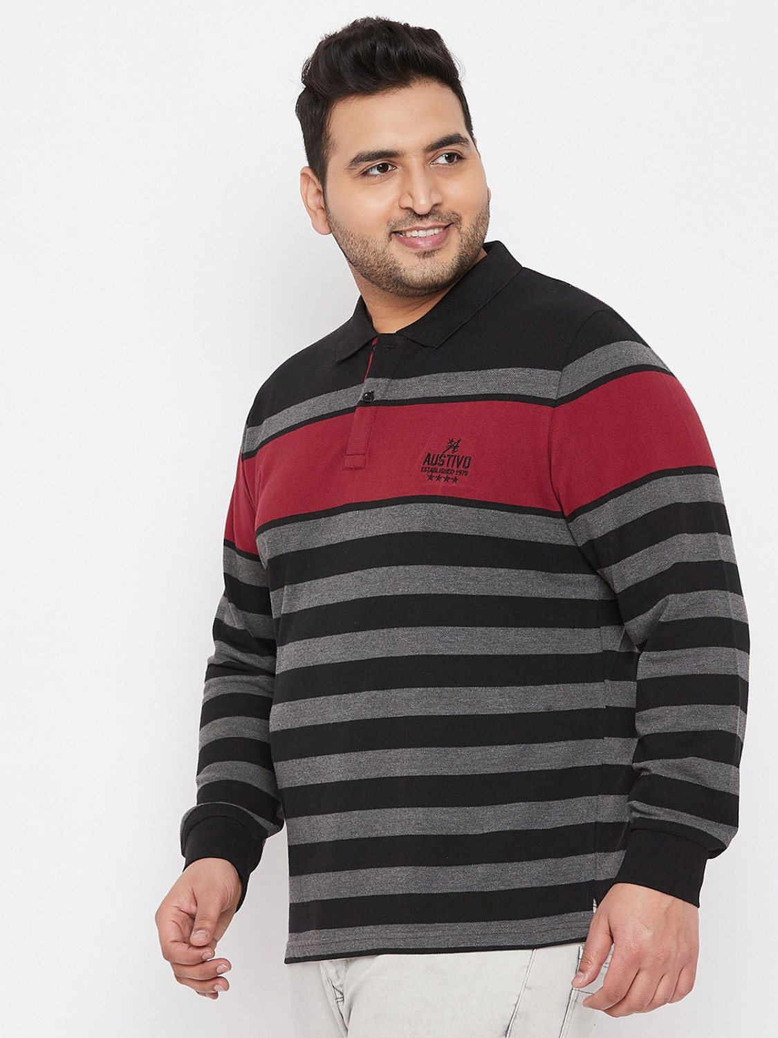 Image of Austivo Striped Men Polo Neck Black T-Shirt