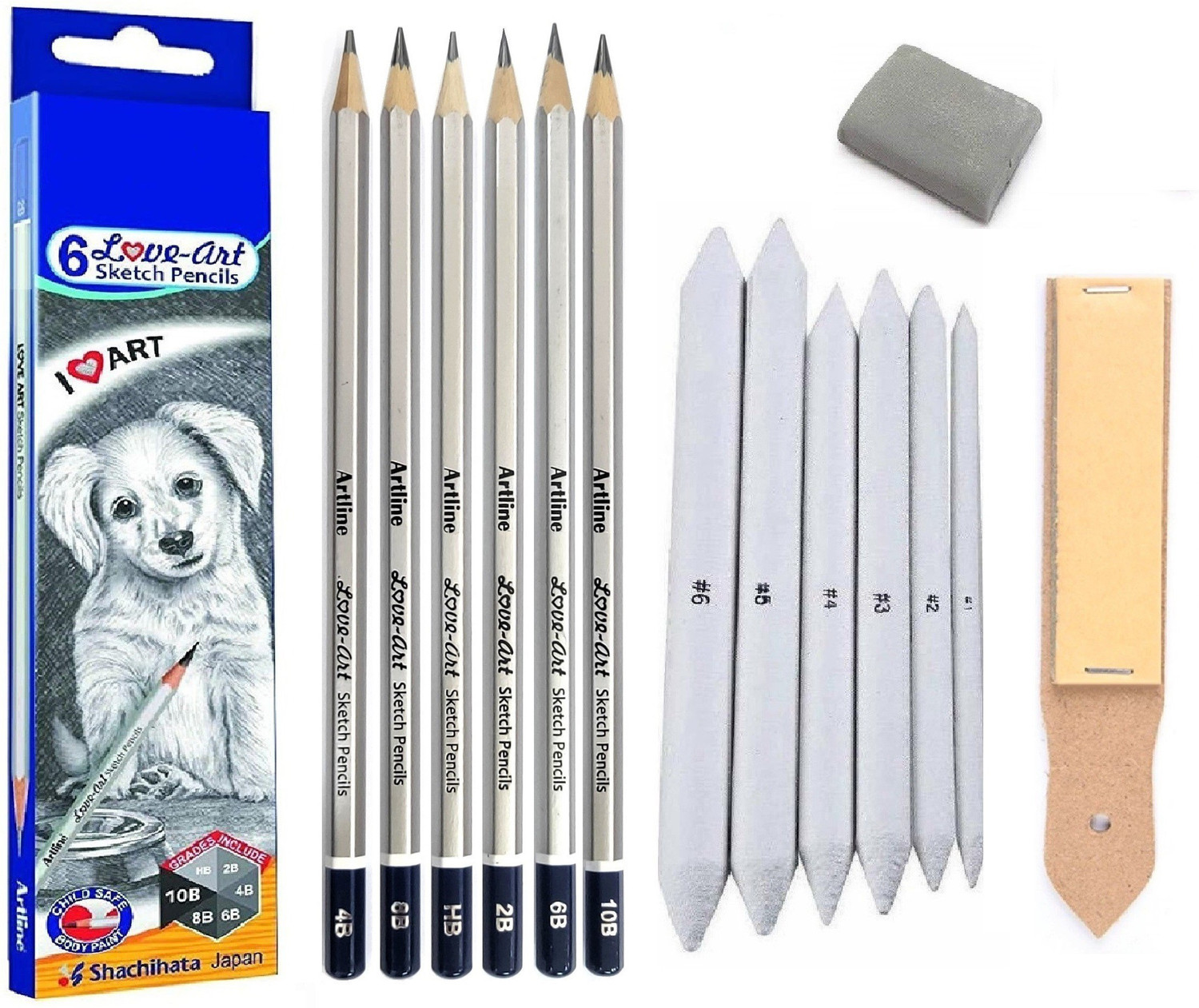 Image of Craftacious Artline Love-Art Sketch Pencil, 6Pc Blending /Smudging Stump, Eraser & SandPaper