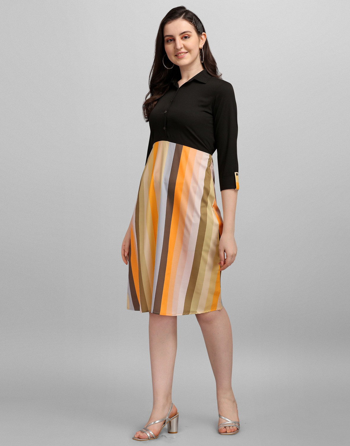 Image of Selvia Women A-line Black, Multicolor Knee Length Dress