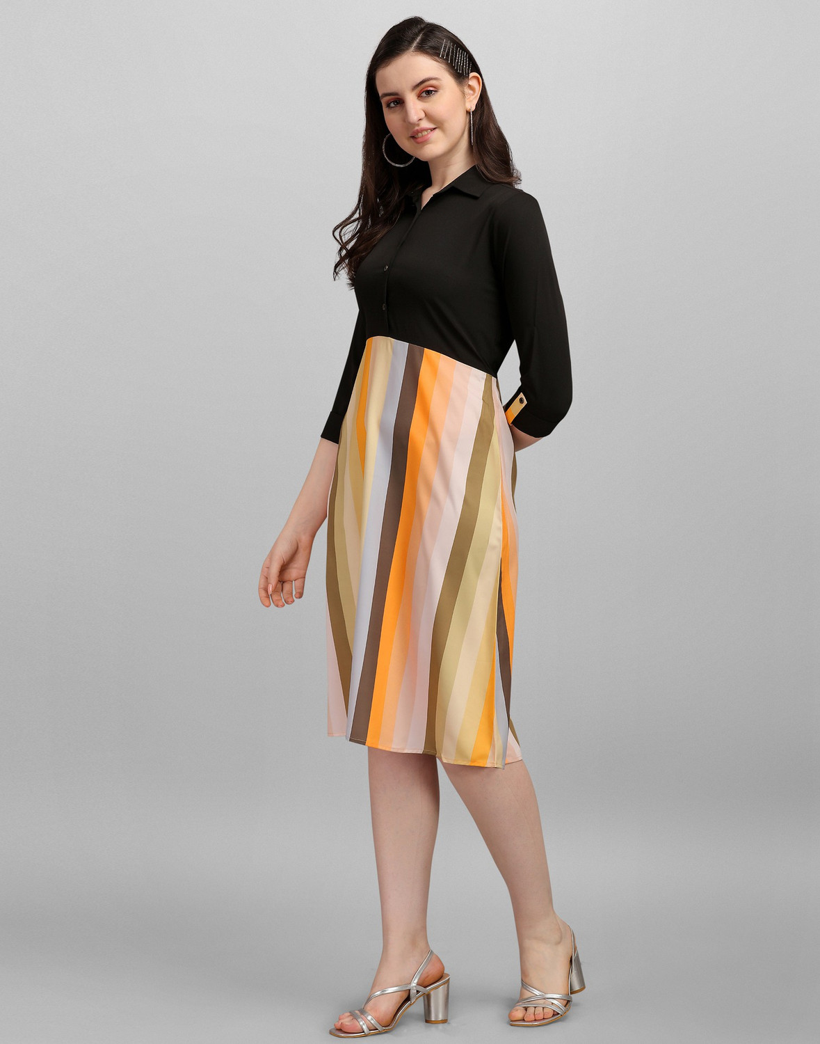 Image of Selvia Women A-line Black, Multicolor Knee Length Dress