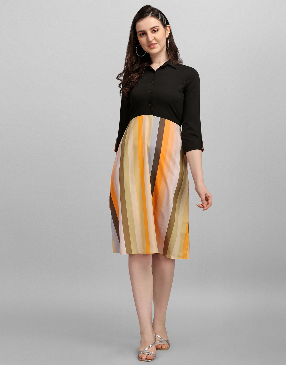 Image of Selvia Women A-line Black, Multicolor Knee Length Dress