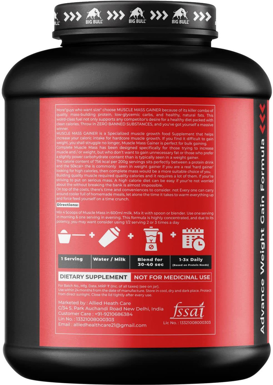 Image of Big Bull Muscle Mass Gainer Powder with Creatine + Taurine Stack Weight Gainers /Mass Gainers