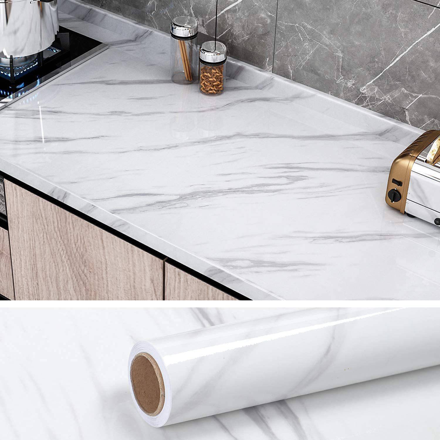 BHVMEY 200 cm Plain White Marble High Gloss PVC Vinyl Self Adhesive Wallpaper 200 x 60 cm Self Adhesive Sticker