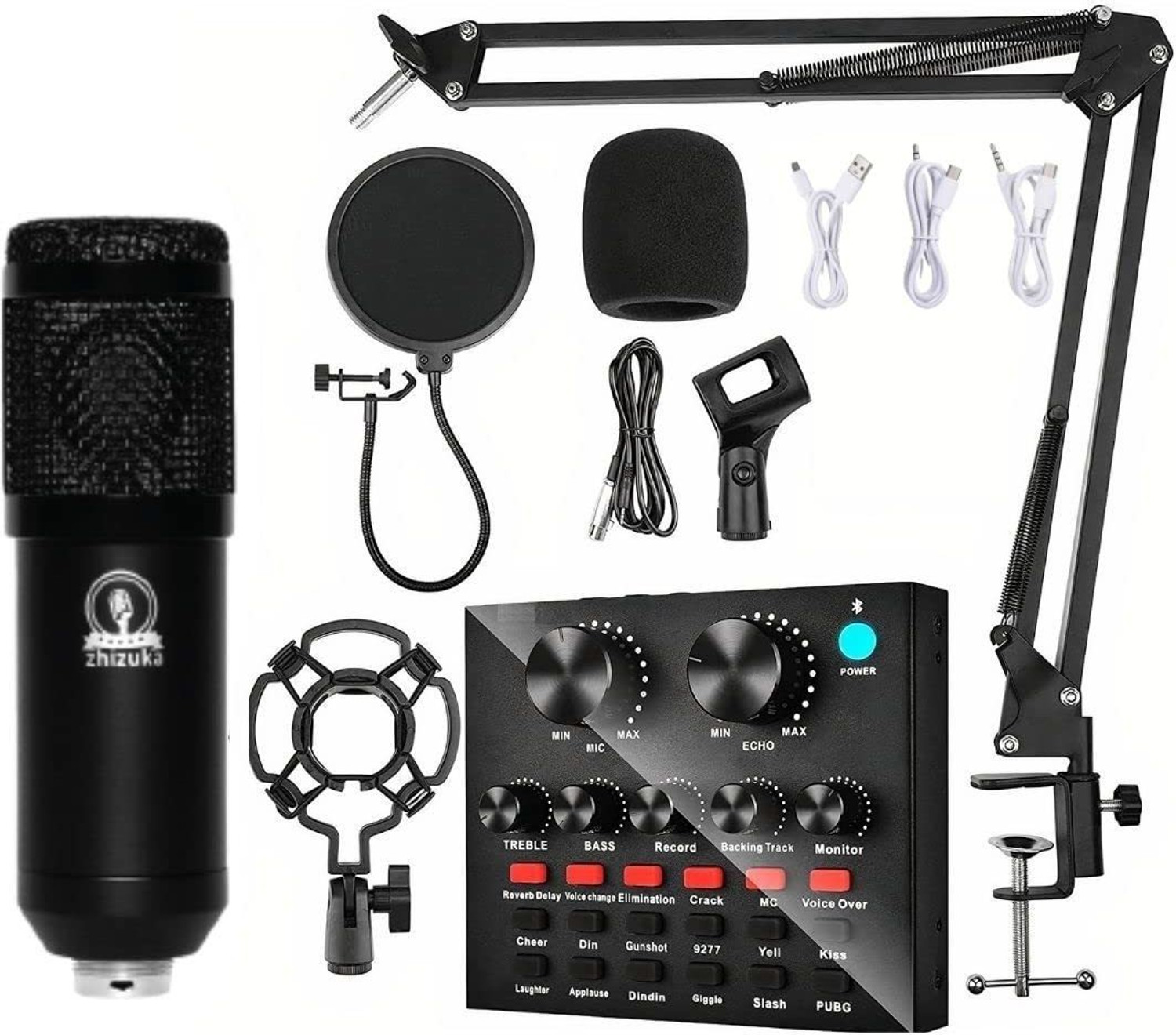 Image of zhizuka Professional Condenser Microphone Kit Adjustable Scissor Arm Stand, Shock Mount, 3.5 mm Audio Jack Converter for Mobile and Computer, Studio Recording (3.5mm Microphone + Sound Card, Black) Microphone