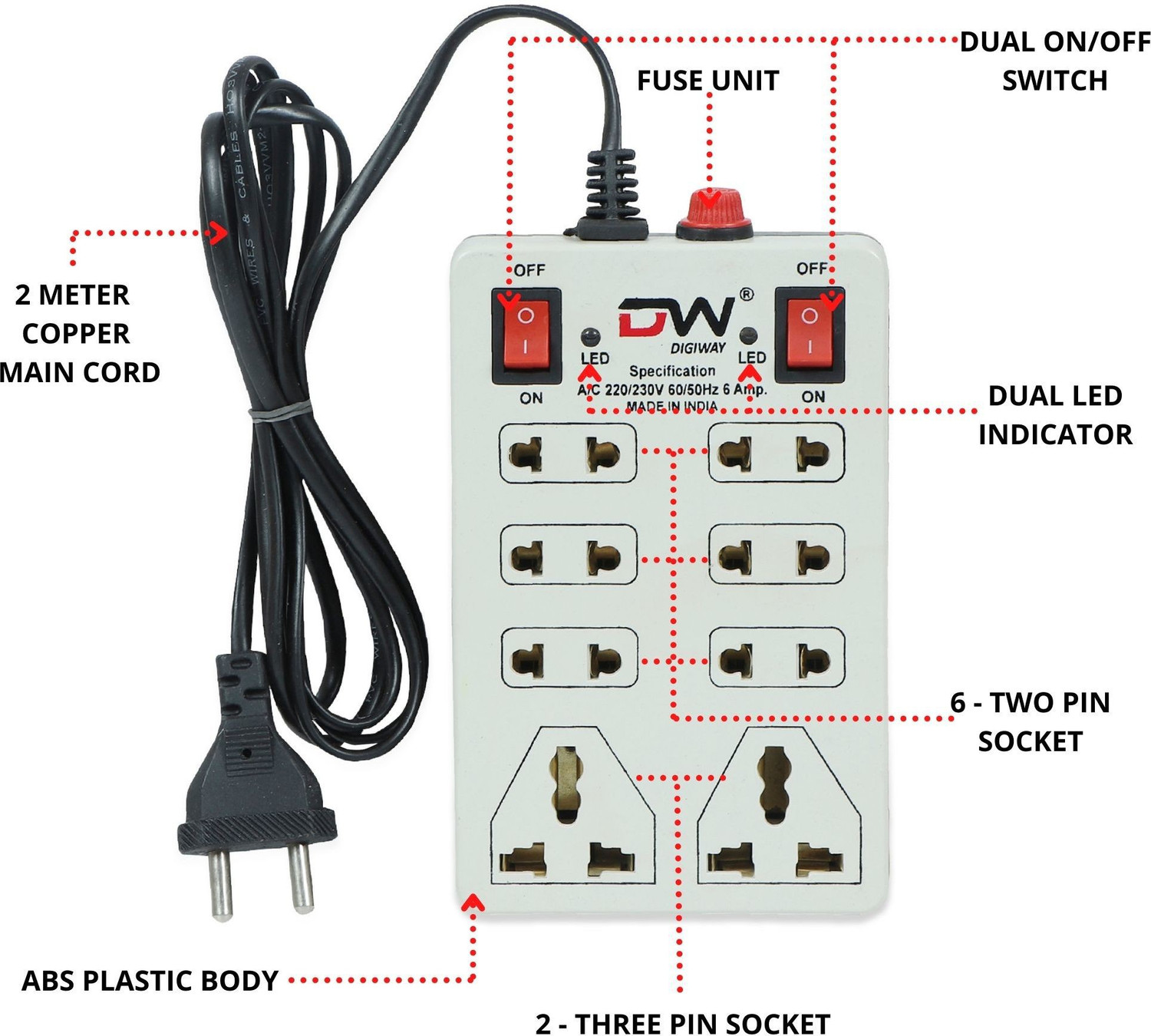 Image of Digiway 8+2 Mini Extension Cord /Board ,2 Meter Cord Wire(Beige) 8 Socket Extension Boards