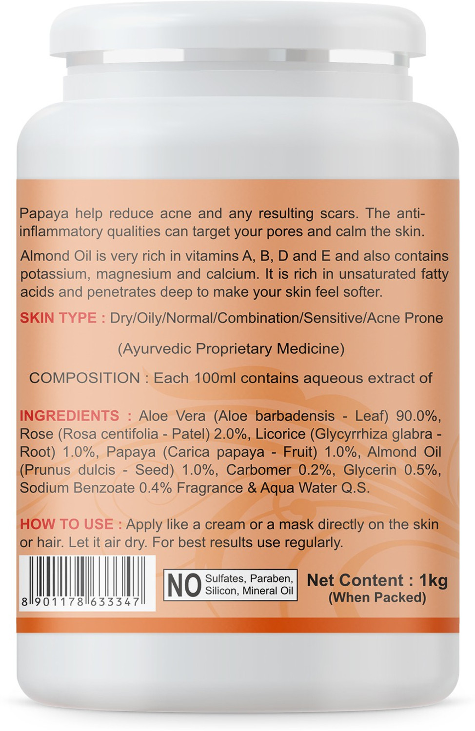 Image of Kazima Aloe Papaya Gel with Aloe Vera, Papaya & Vitamin C, E for Face, Skin & Hair