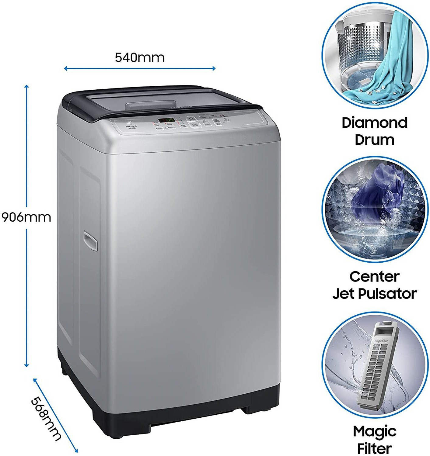 Image of Samsung 6.5 kg Diamond Drum feature Fully Automatic Top Load Washing Machine Silver