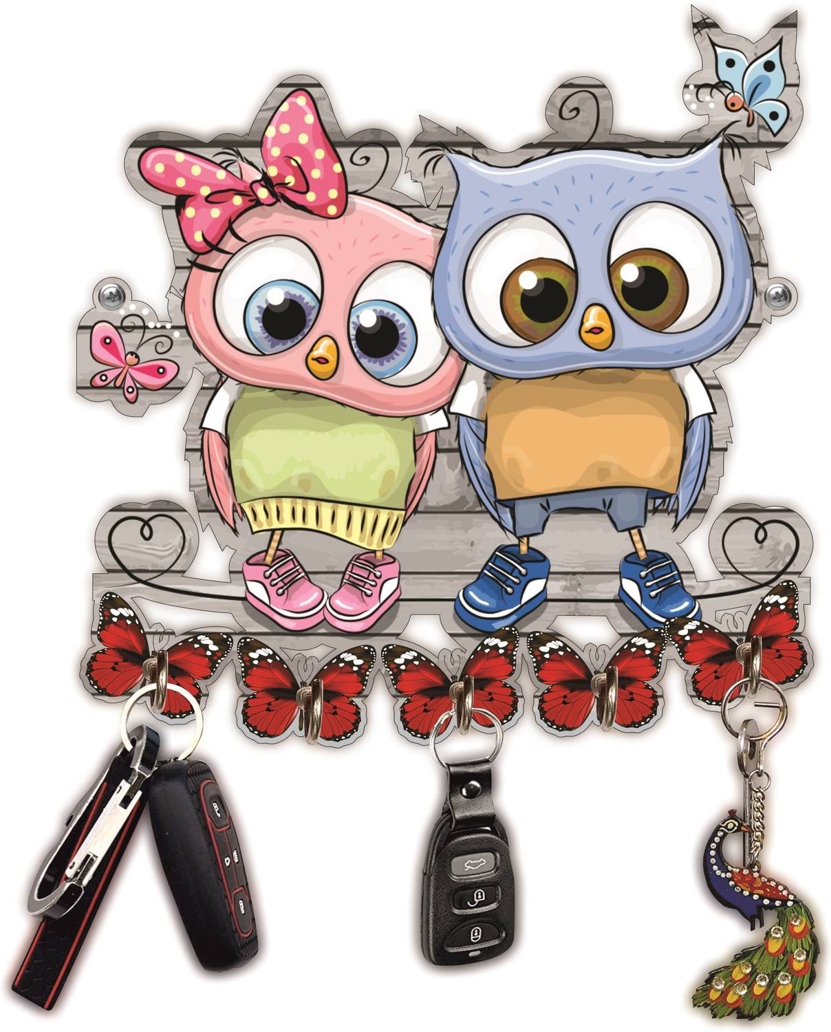 APS Art Plus Store Wall Decorative Wooden Key Holder, Beauitful Couple Owl Key Holder