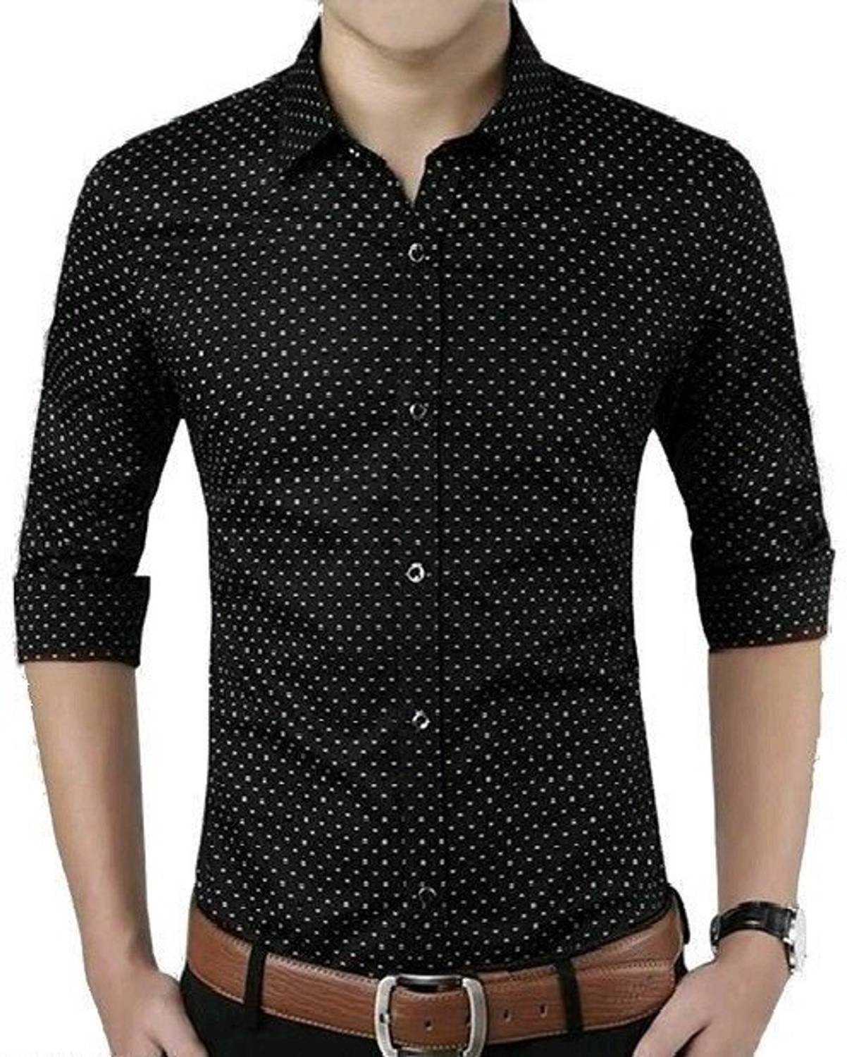 ZURINE Men Polka Print Casual Black Shirt