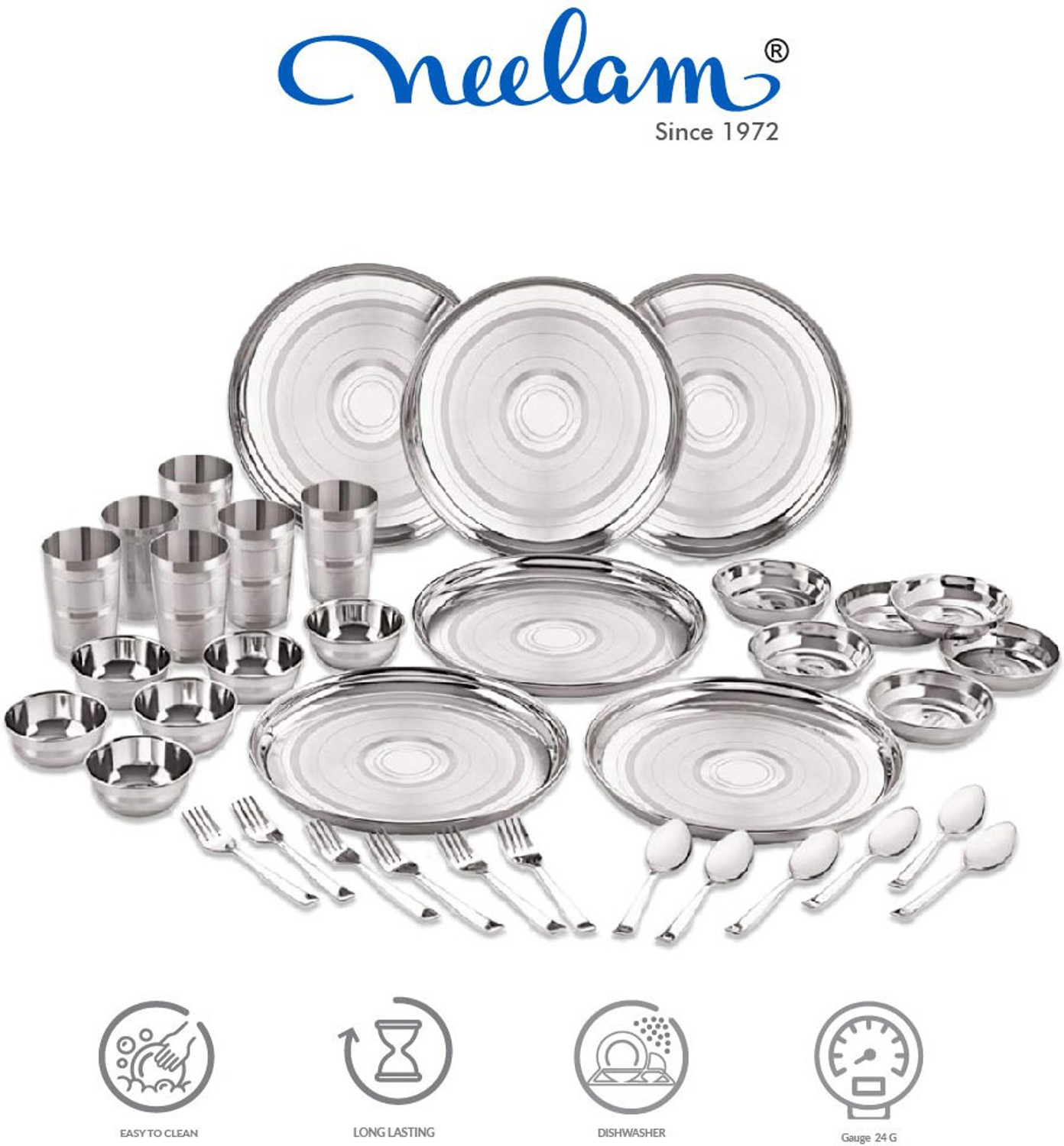 Image of NEELAM Pack of 42 Stainless Steel Diamond Touch Dinner Set of Set 24 Gauge Dinner Set