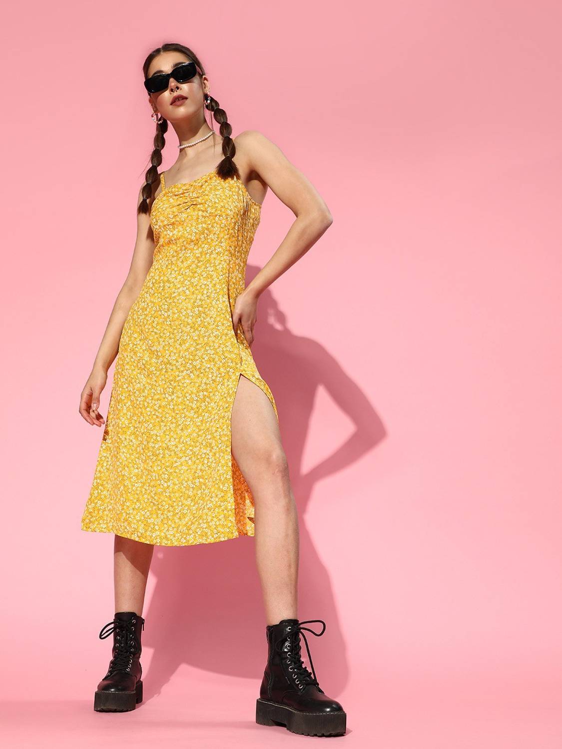 Berrylush Women Fit and Flare Yellow Midi/Calf Length Dress