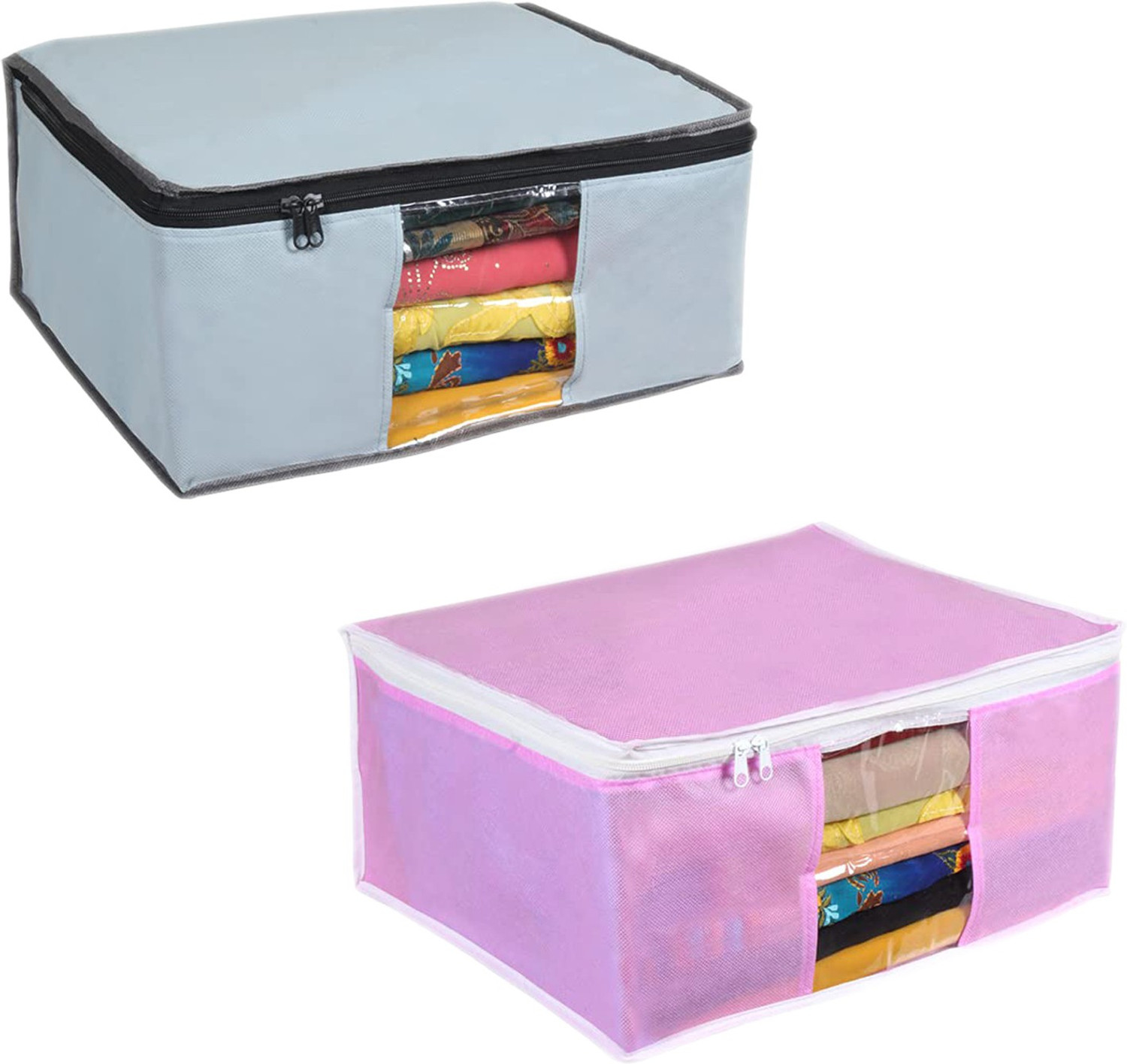 Image of wini krafts 2 Non Woven Sonali Saree Cover Storage Bags Saree Organizer (Grey 1 Pink 1=2 Pcs) 2