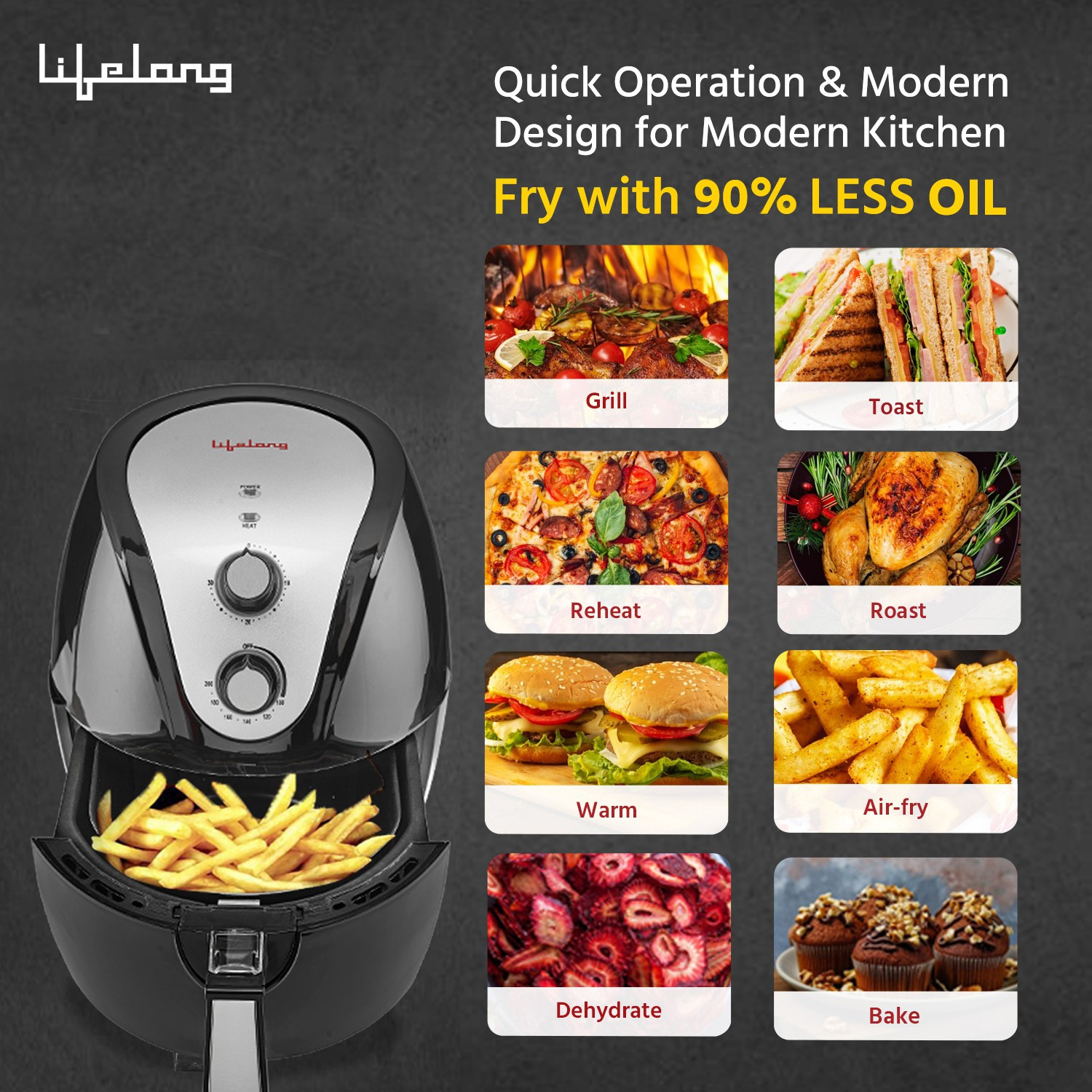 Image of Lifelong LLHF421 1400W with Timer Selection and Fully Adjustable Temperature Control |Fry, Grill, Roast, Reheat, and Bake, Fryo Air Fryer