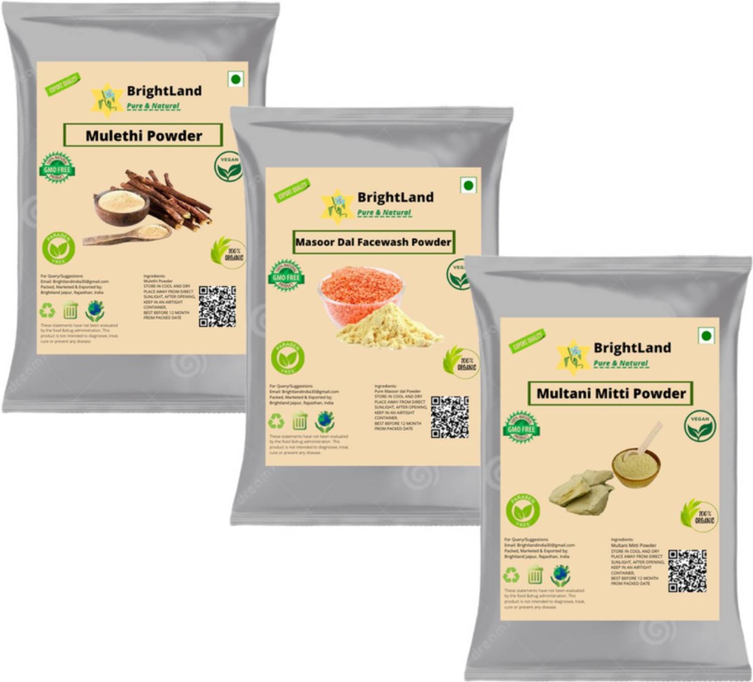 Brightland Combo of Glowing Skin 200Gm Multani mitti ,100gm Mulethi powder 100gm Masoor Dal powder