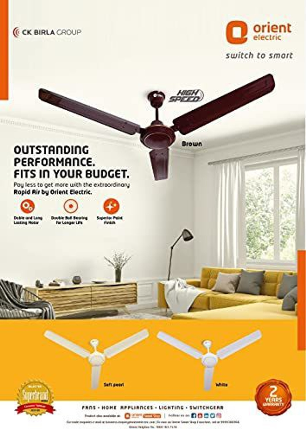 Image of Orient Electric Rapid Air High Speed Ceiling Fan (1200mm, 48 Inch, Brown) with 24 Months Warranty 1200 mm Ceiling Fan