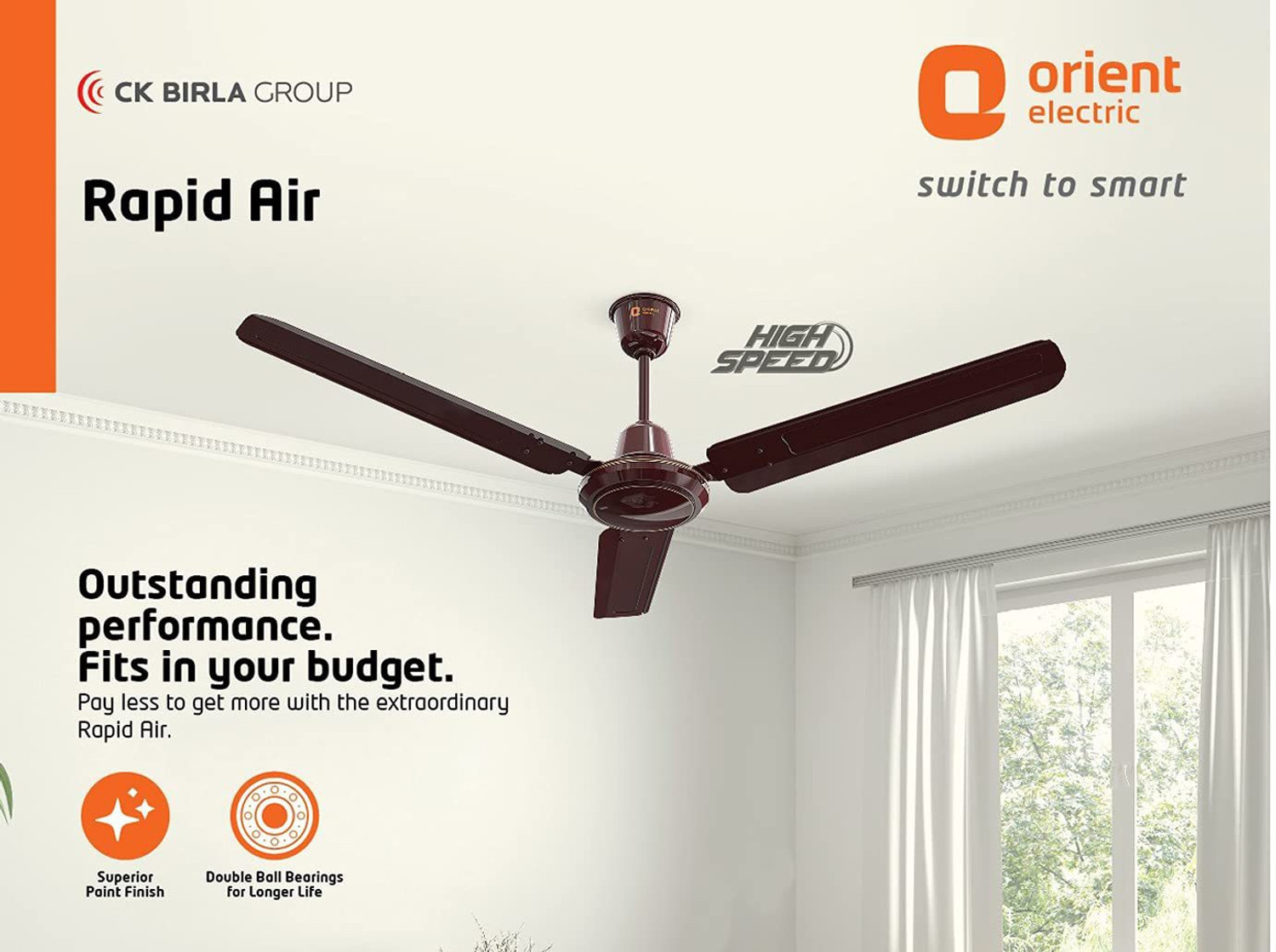 Image of Orient Electric Rapid Air High Speed Ceiling Fan (1200mm, 48 Inch, Brown) with 24 Months Warranty 1200 mm Ceiling Fan