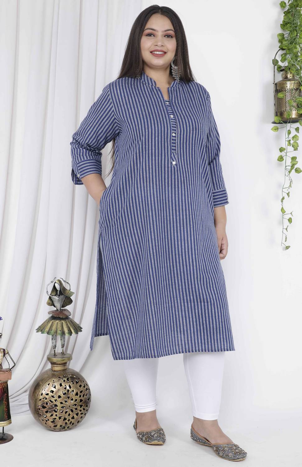 SHRITIKA Women Self Design Khadi Cotton Straight Kurta (Blue)