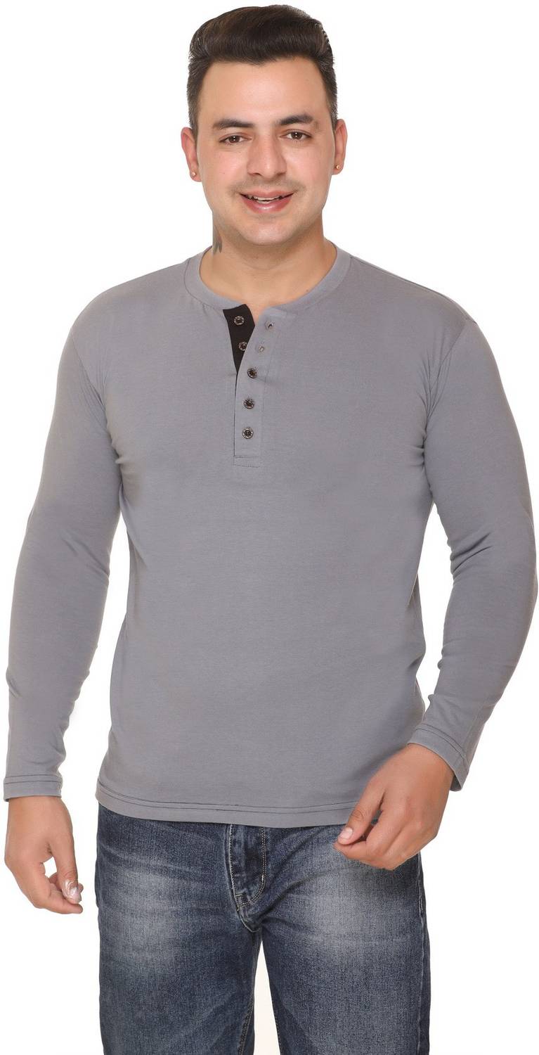 aarbee Solid Men Henley Neck Grey T-Shirt