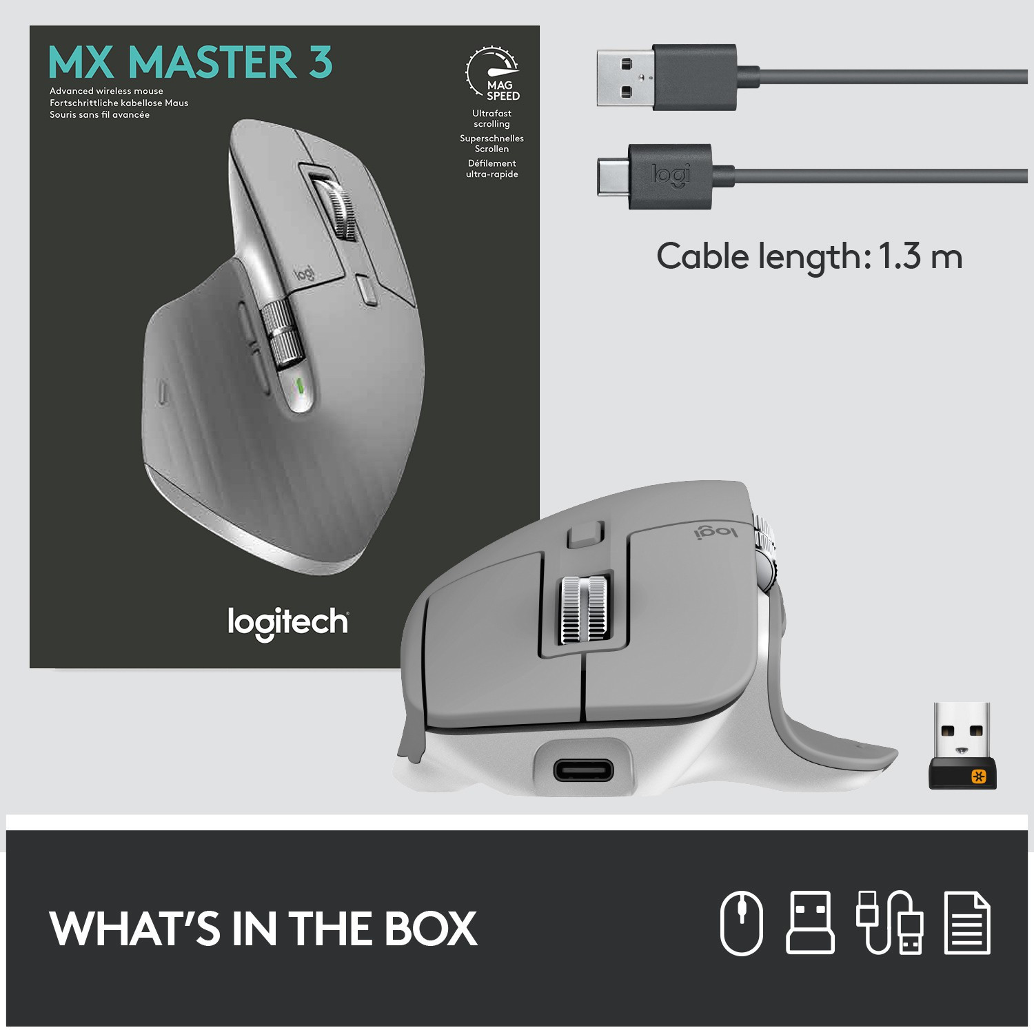 Image of Logitech MX Master 3 Ambidextrous Touch Mouse With Bluetooth (2.4GHz Wireless, Grey)