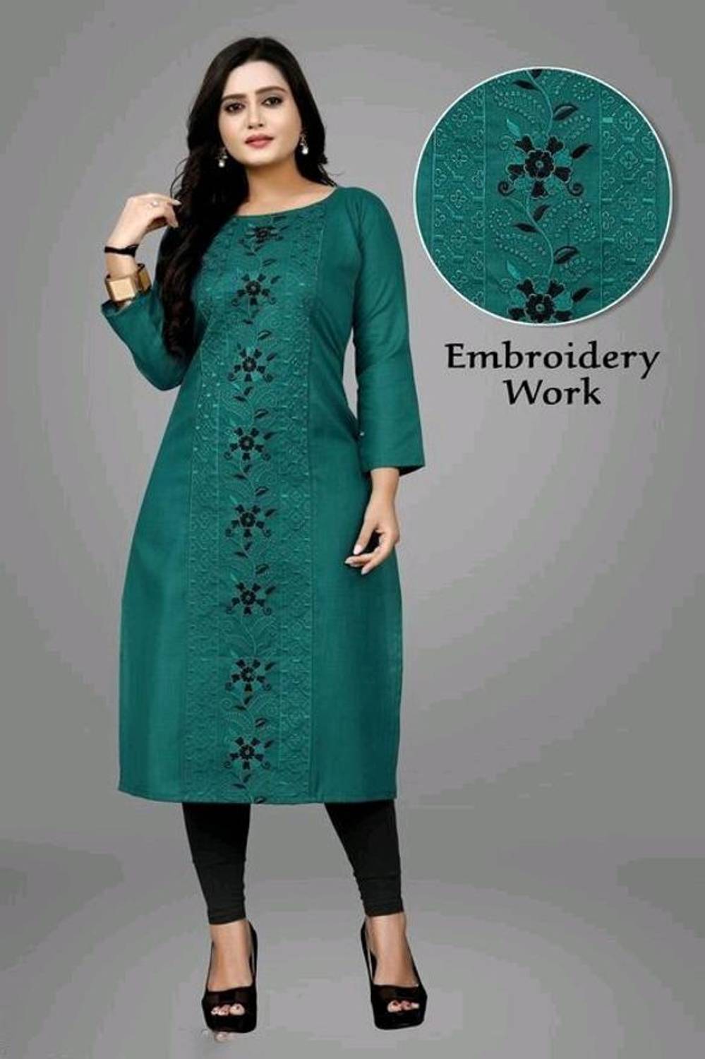 Ladylaz Women Embroidered Cotton Blend Straight Kurta (Green)