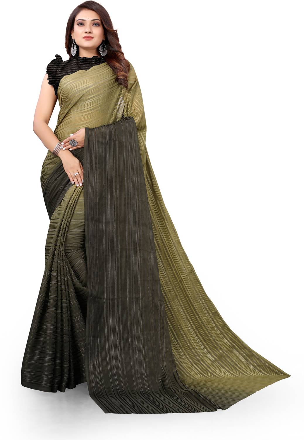 Madhur milan Striped Daily Wear Georgette Saree (Dark Green, Gree