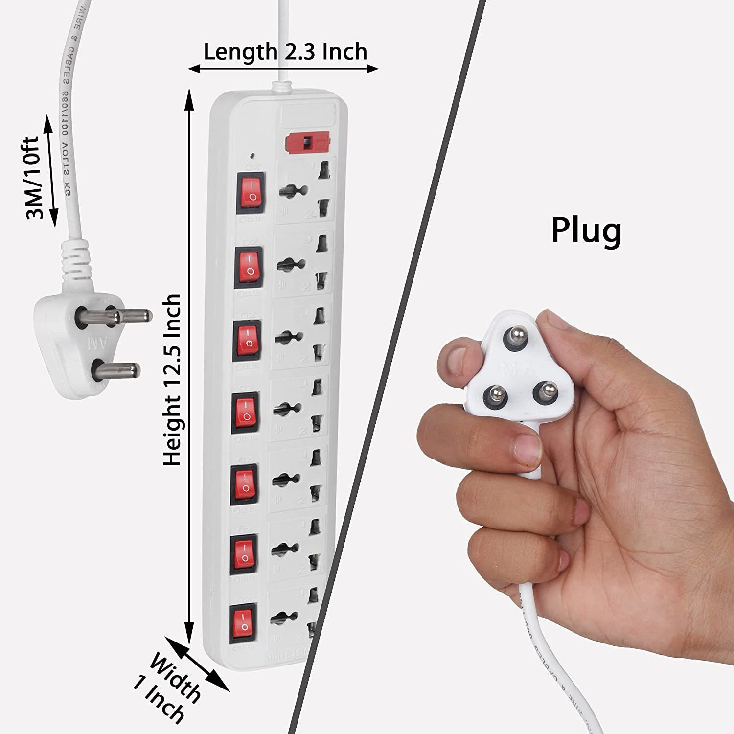Image of Leavess 7 socket plus 7 switch extension board with 3mtr wire & 6AMP 7 Socket Extension Boards