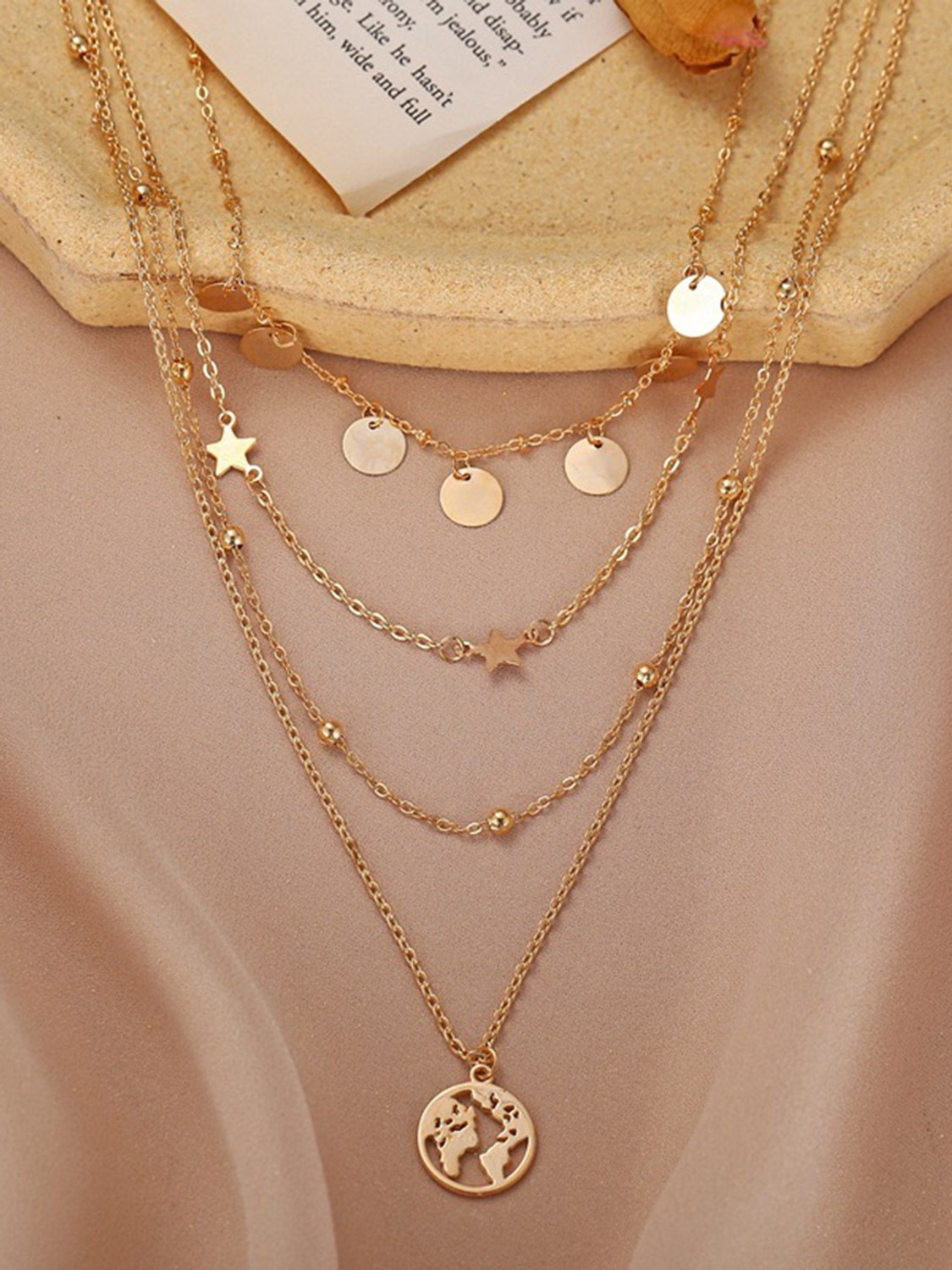 Image of Vembley Combo of 2 Golden Triple Layered Moon Star & Coin Star Earth Pendant Necklace Gold-plated Plated Alloy Layered