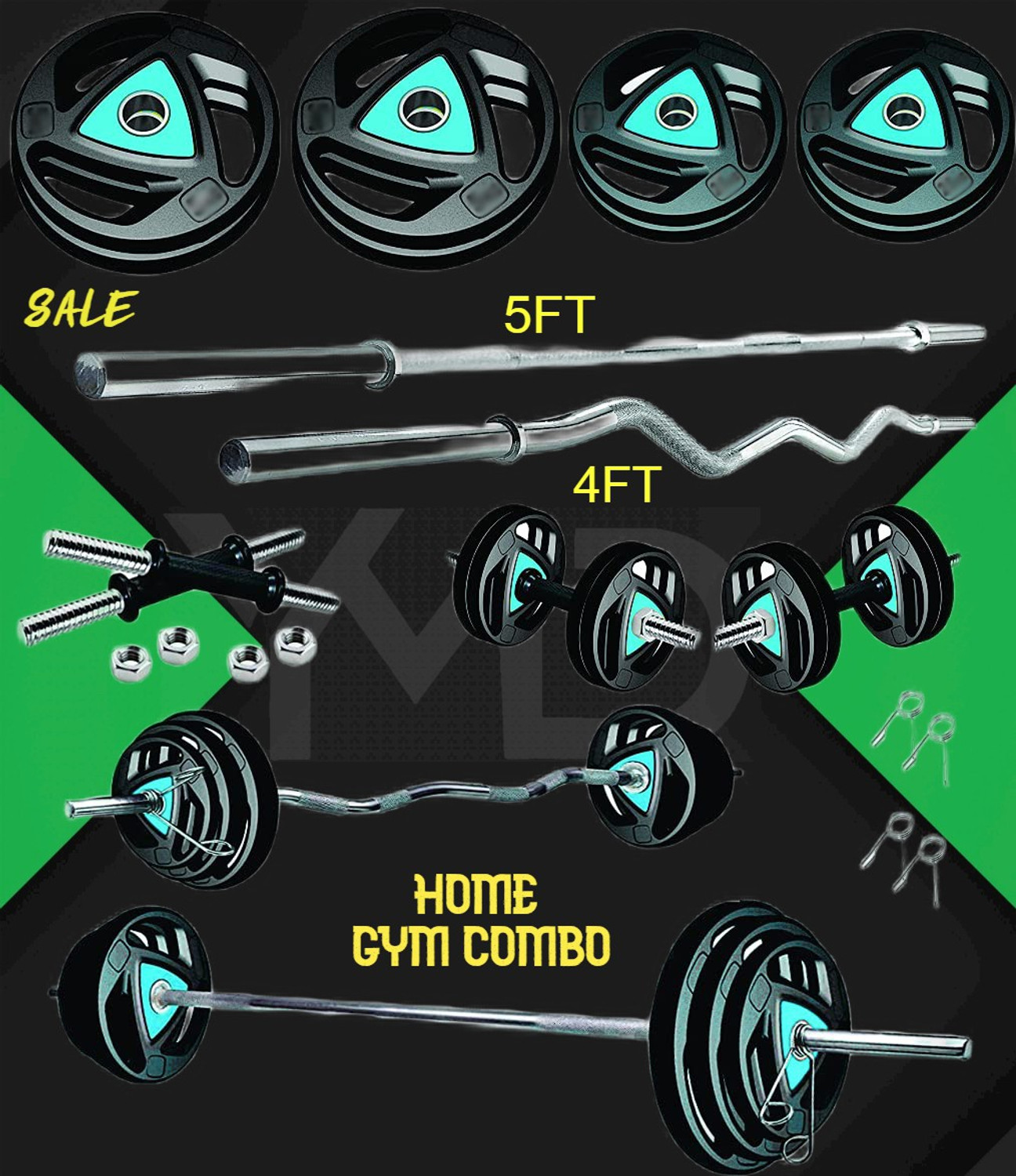 Image of YMD 70 kg Metal Integrated Rubber Plates (2.5X4 5x4 10X4) 4FT Curl, 5FT Strt Home Gym Combo
