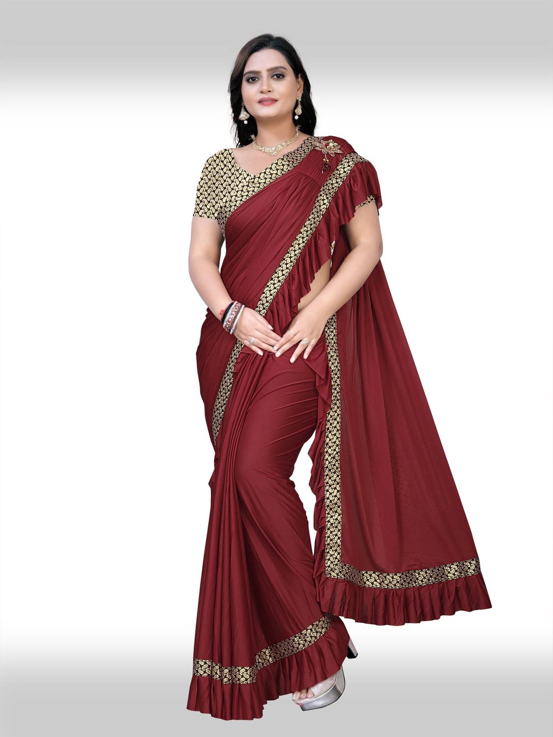 ecolors fab Printed, Self Design, Solid/Plain Bollywood Lycra Blend, Jacquard Saree