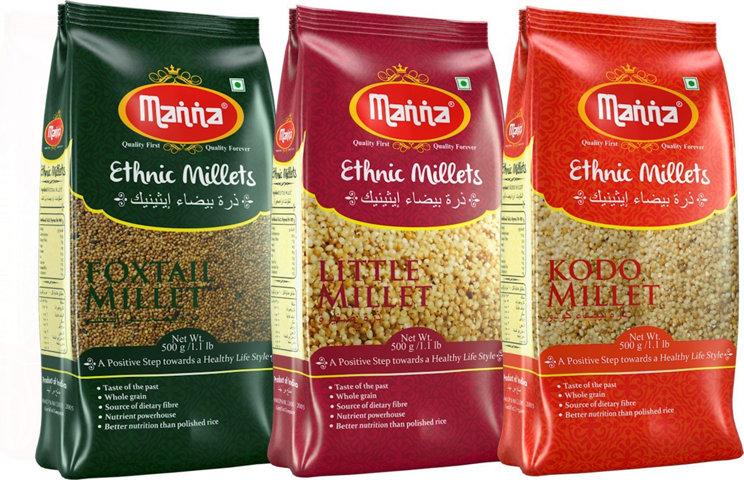 Image of Manna Millets 1.5kg - Natural Grains Combo Pack of 3 | Foxtail 500g, Kodo 500g, Little 500g | Nutrient Powerhouse, High Protein & 100% More Fibre Than Rice Mixed Millet