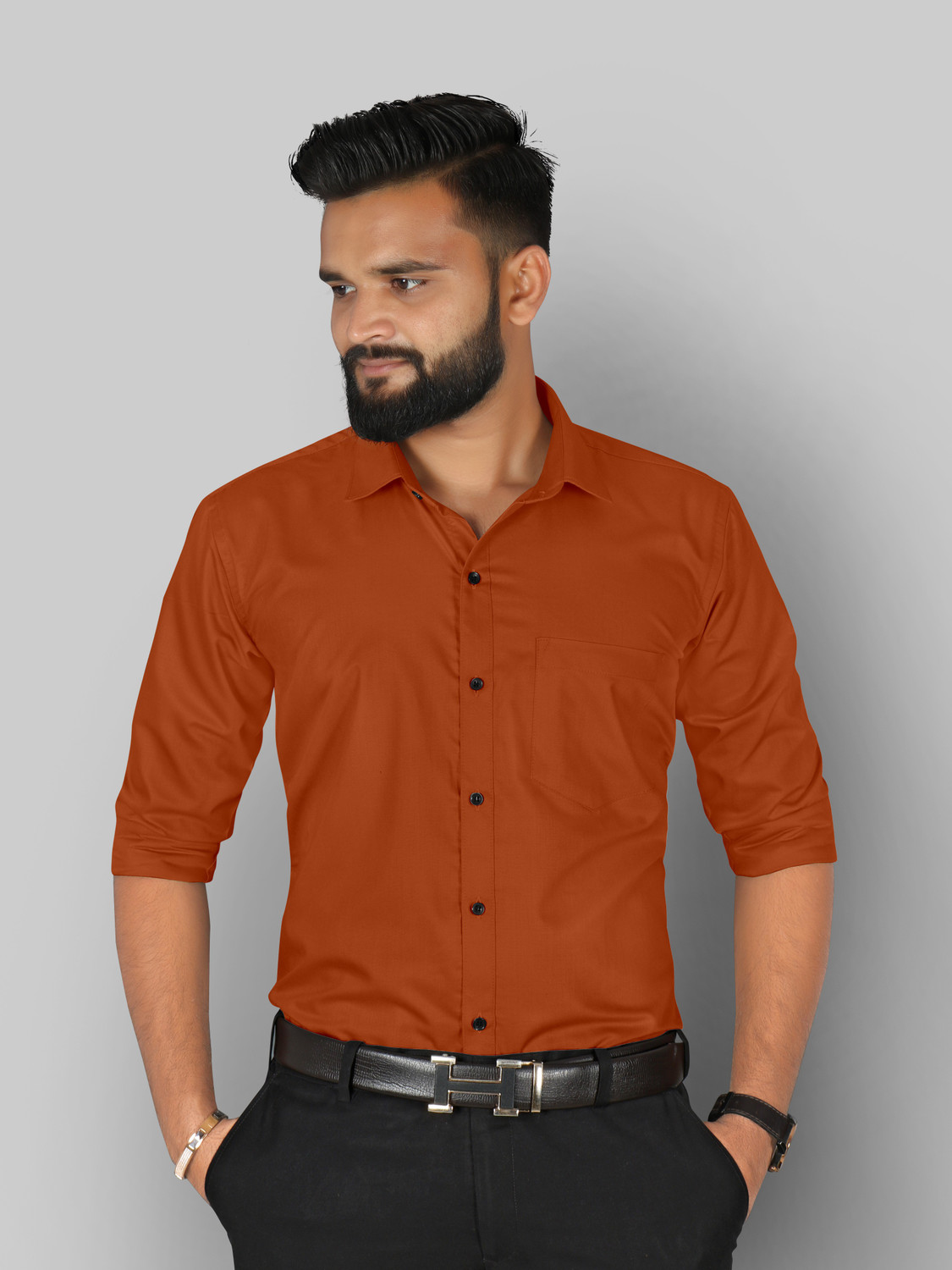 Image of FIBERMILL Men Solid Formal Orange Shirt
