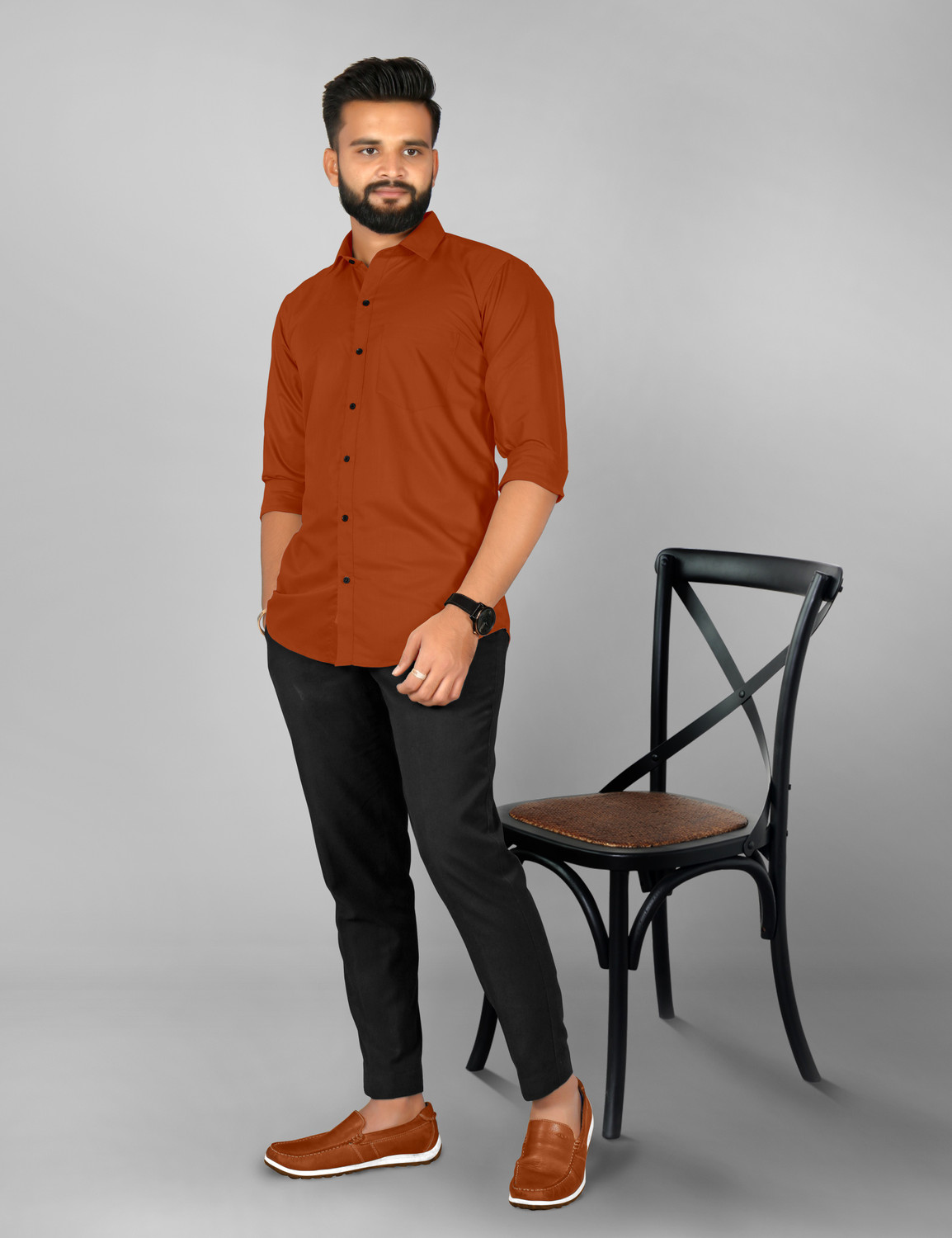 Image of FIBERMILL Men Solid Formal Orange Shirt