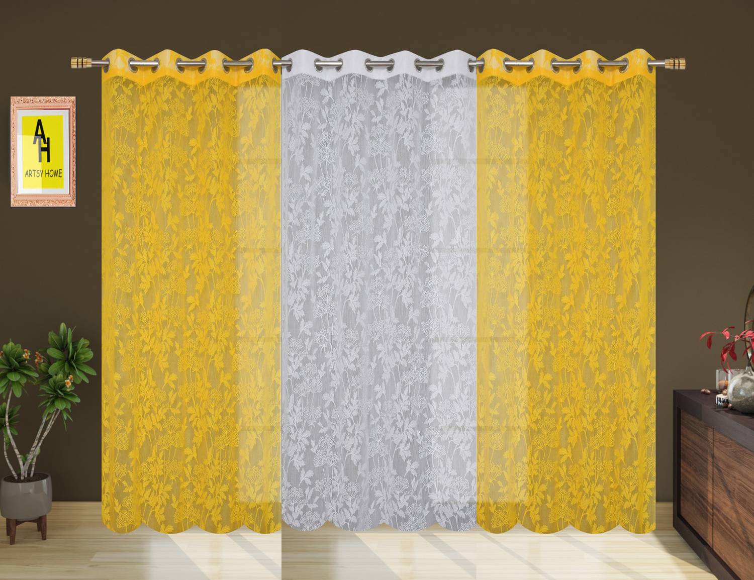AH ARTSY HOME 214 cm (7 ft) Door Tissue, Net Semi Transparent Curtain (Pack Of 3)
