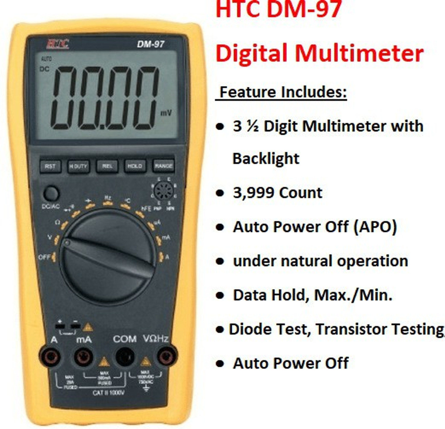 Image of HTC Instrument DM-97 Digital Multimeter 3 3 /4 TRMS-4000 Counts ,Capacitance,Frequency ,TEMP Digital Multimeter