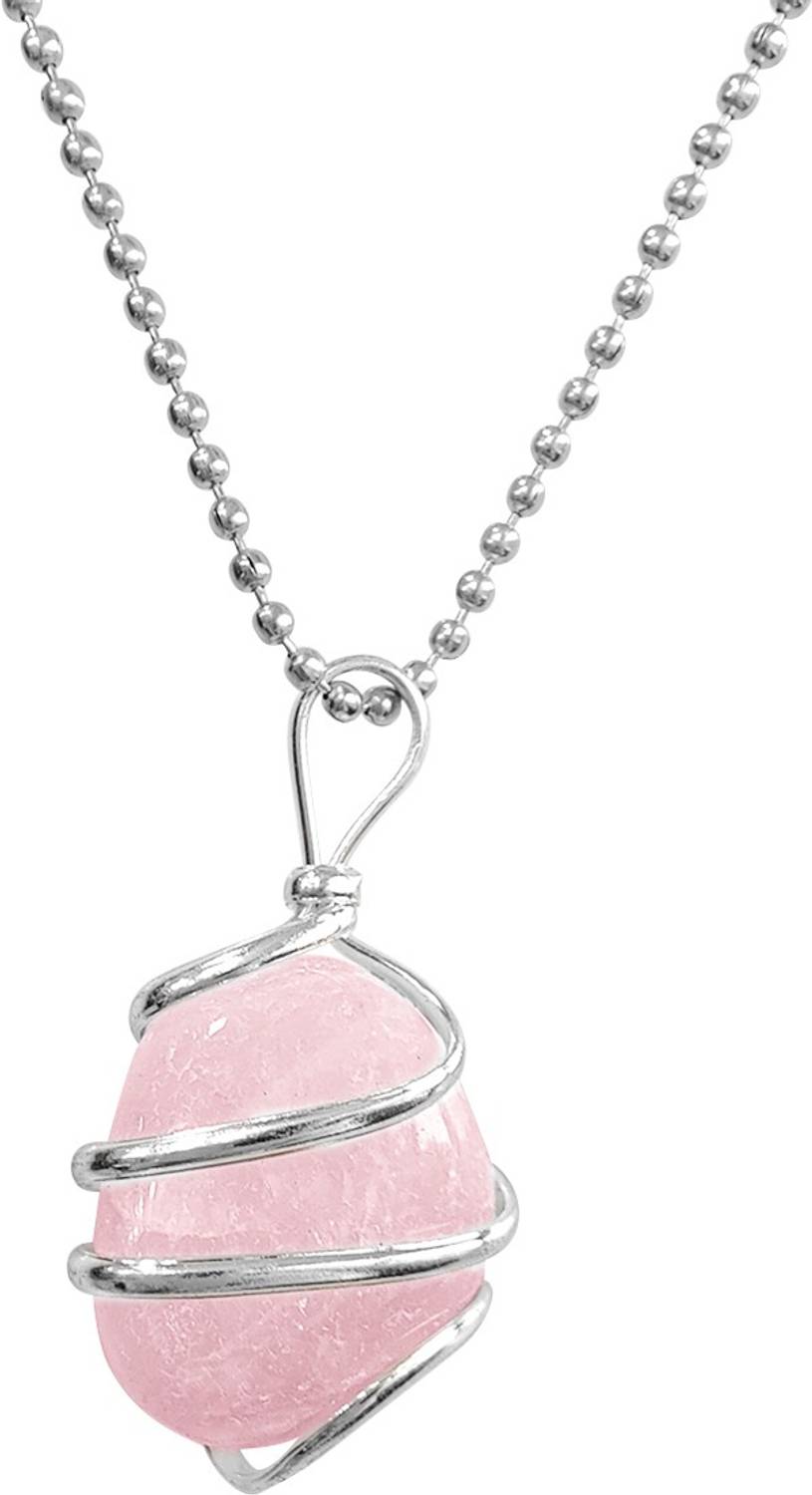 9dzine Rose Quartz Wire Wrapped Tumble Pendant with Chain for Men & Women Crystal Stone Pendant